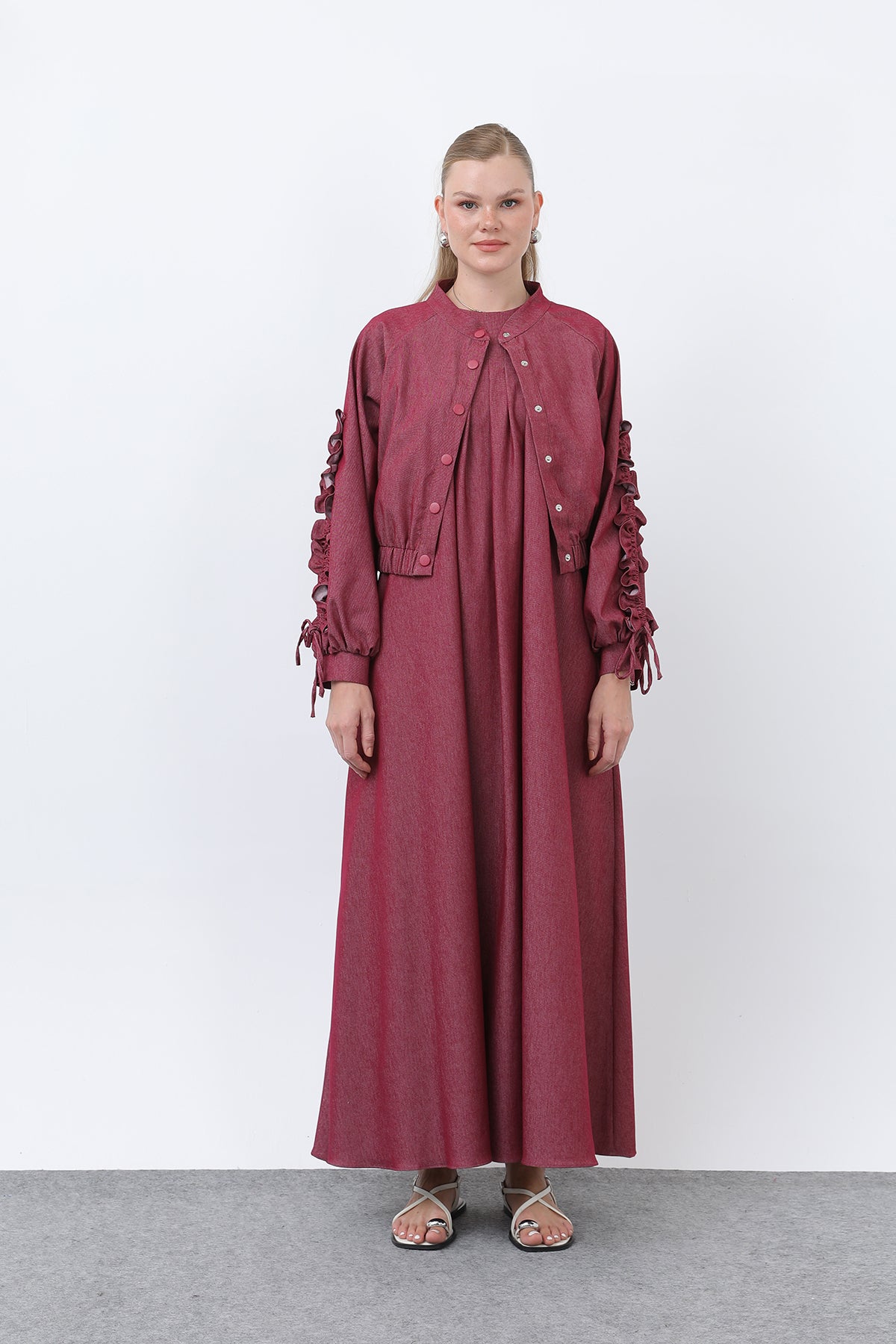 Kadın Kolları Volan Detaylı Ceket Elbise Takım -20654TKS