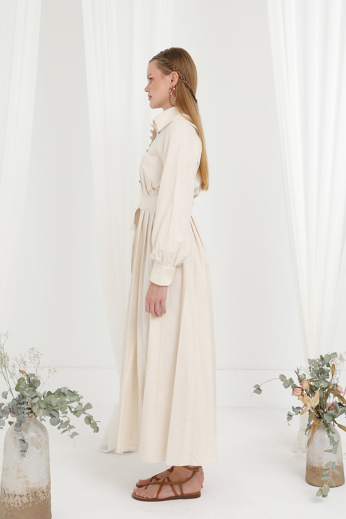 Kadın Kuşaklı Düğme Detaylı Hakim Yaka Elbise - 20688ELB