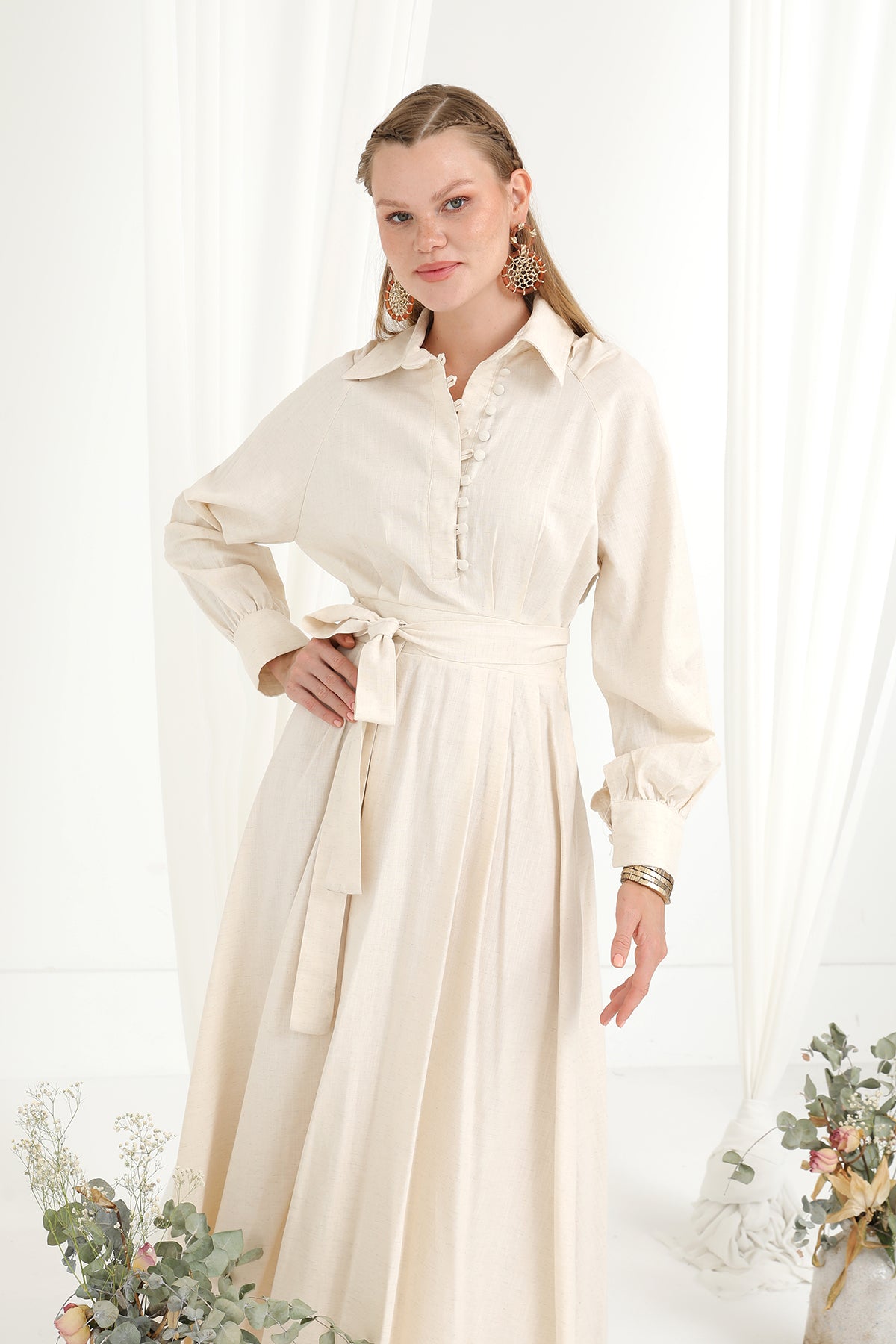 Kadın Kuşaklı Düğme Detaylı Hakim Yaka Elbise - 20688ELB