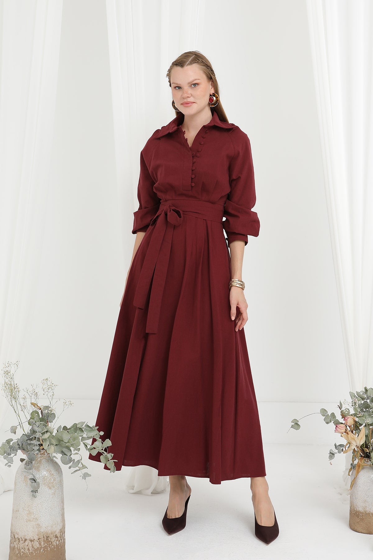 Kadın Kuşaklı Düğme Detaylı Hakim Yaka Elbise - 20688ELB