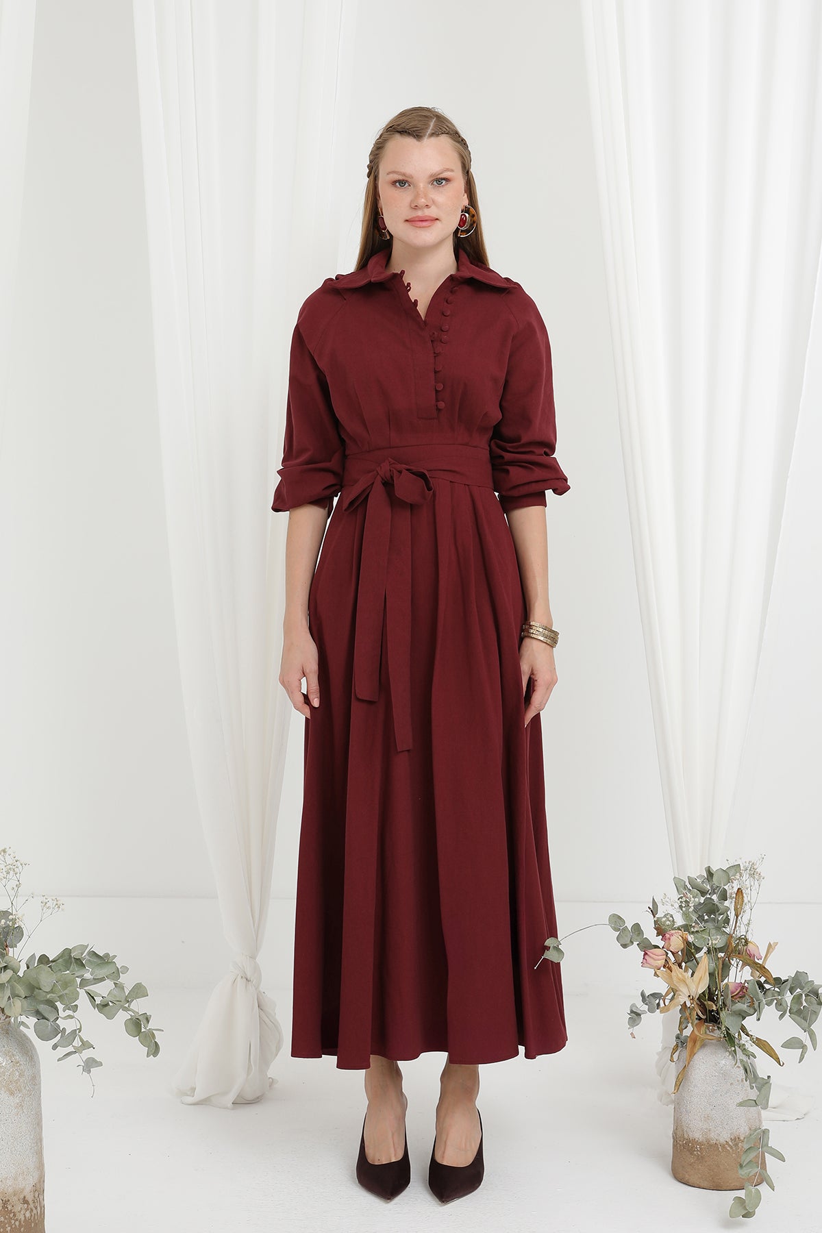 Kadın Kuşaklı Düğme Detaylı Hakim Yaka Elbise - 20688ELB