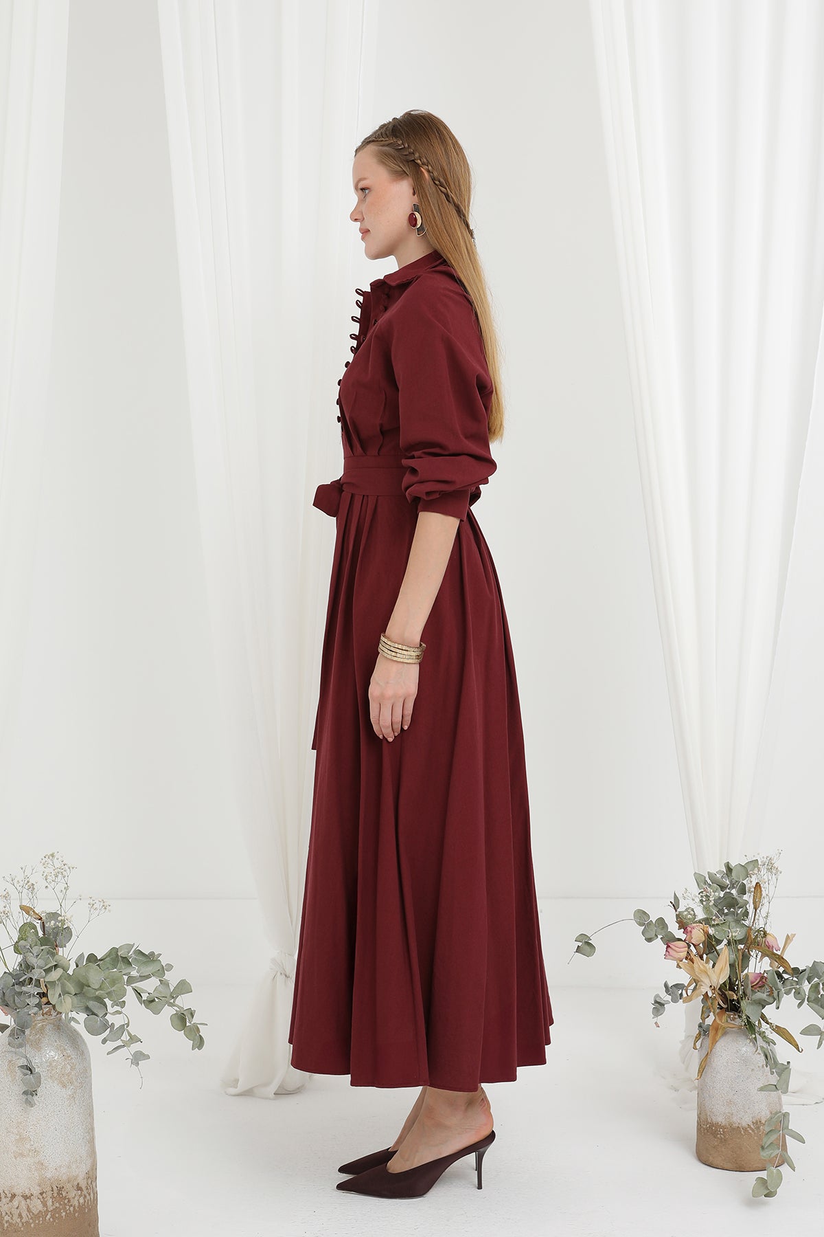 Kadın Kuşaklı Düğme Detaylı Hakim Yaka Elbise - 20688ELB