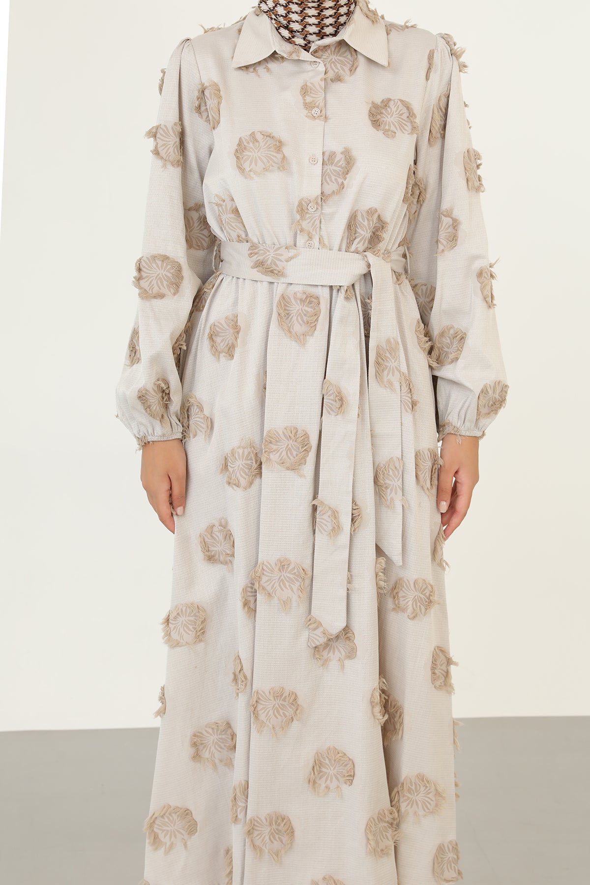 Kadın 3D Çiçek Desenli Kuşaklı Maxi Elbise -20695ELB