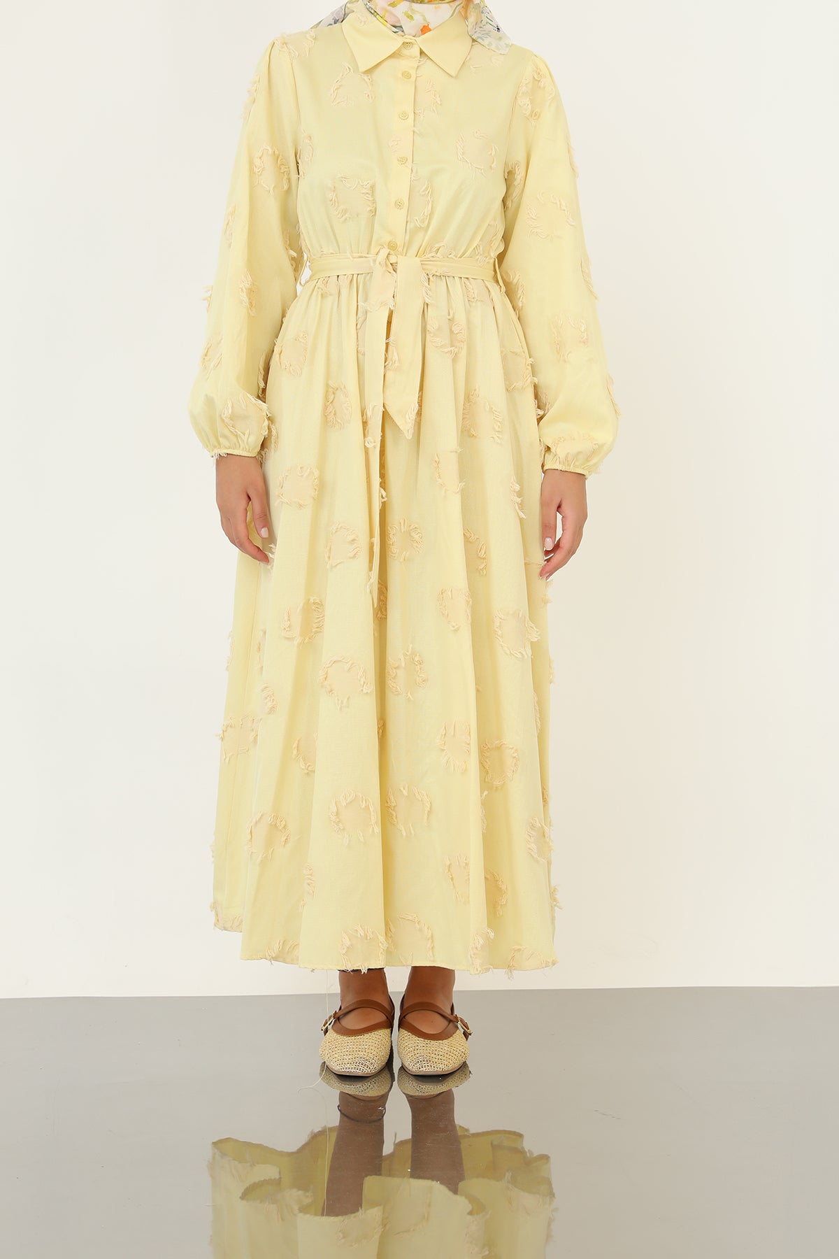 Kadın 3D Çiçek Desenli Kuşaklı Maxi Elbise -20695ELB