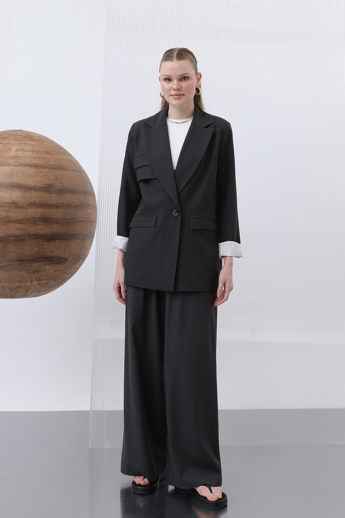 Kadın Cepli Çizgi Garnili Blazer Ceket - 32190CKT