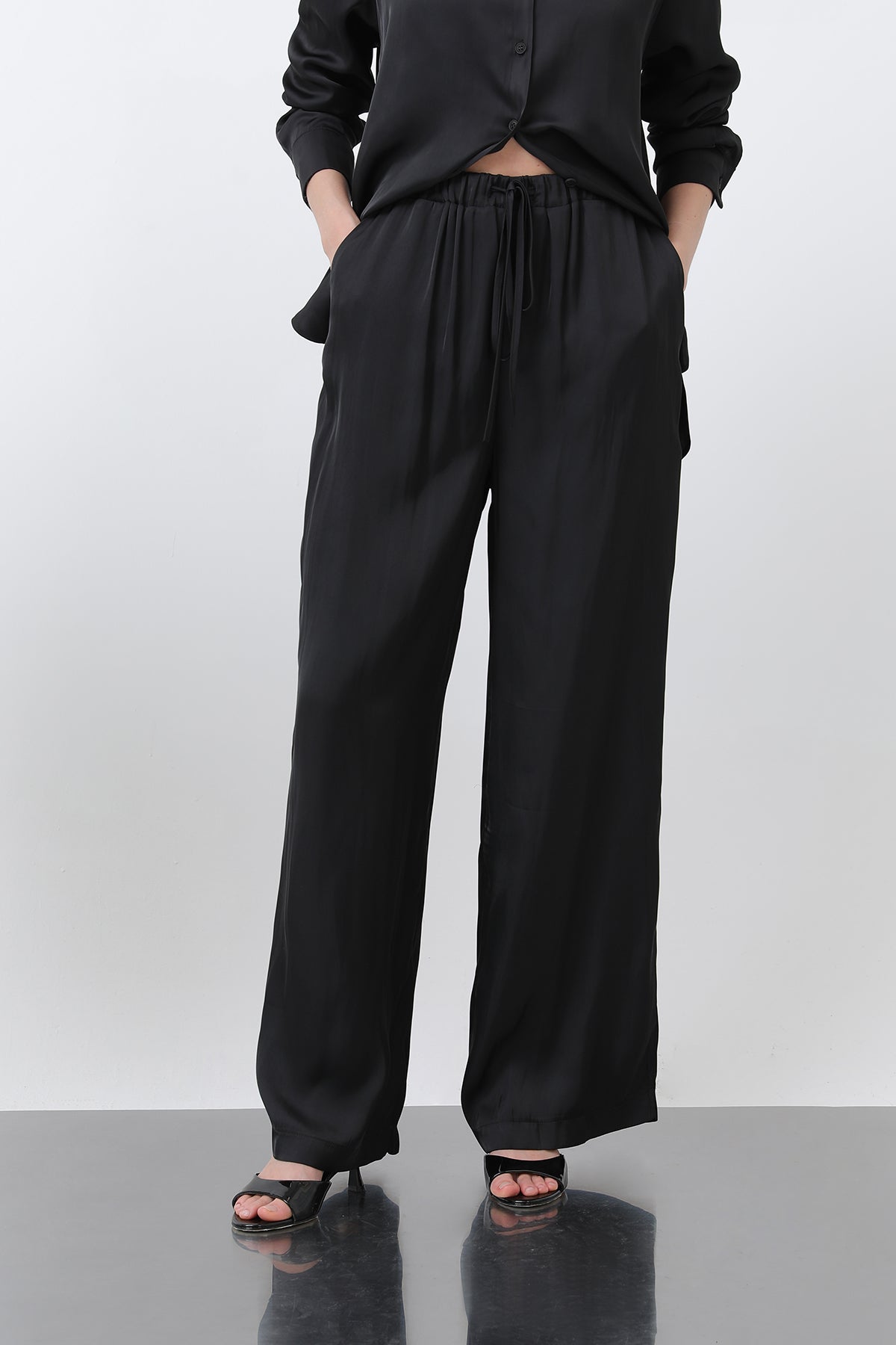 Kadın Saten Belden Bağlamalı Pantalon - 32259PNT