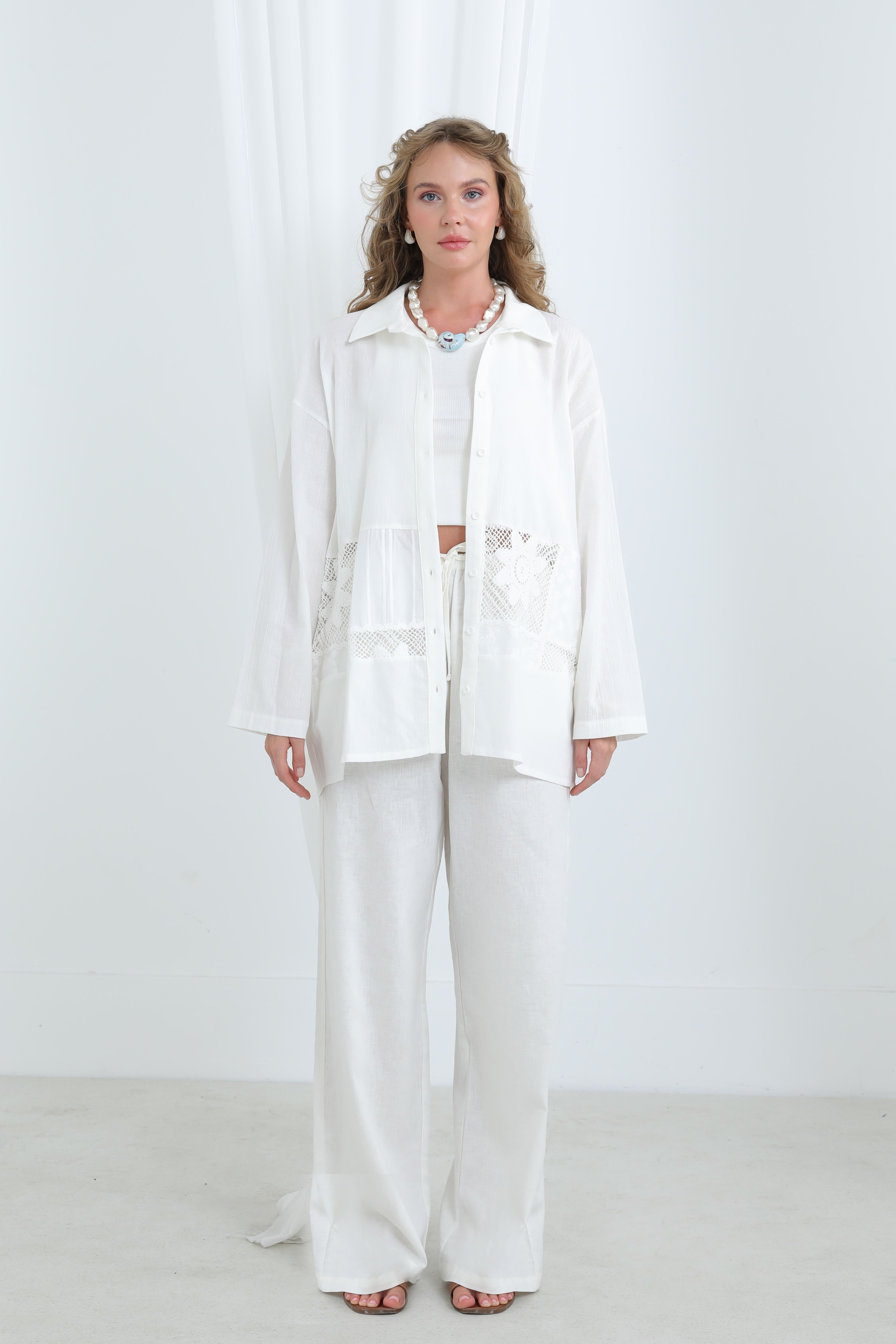 Kadın Dantel Geçişli Gömlek -32325GML