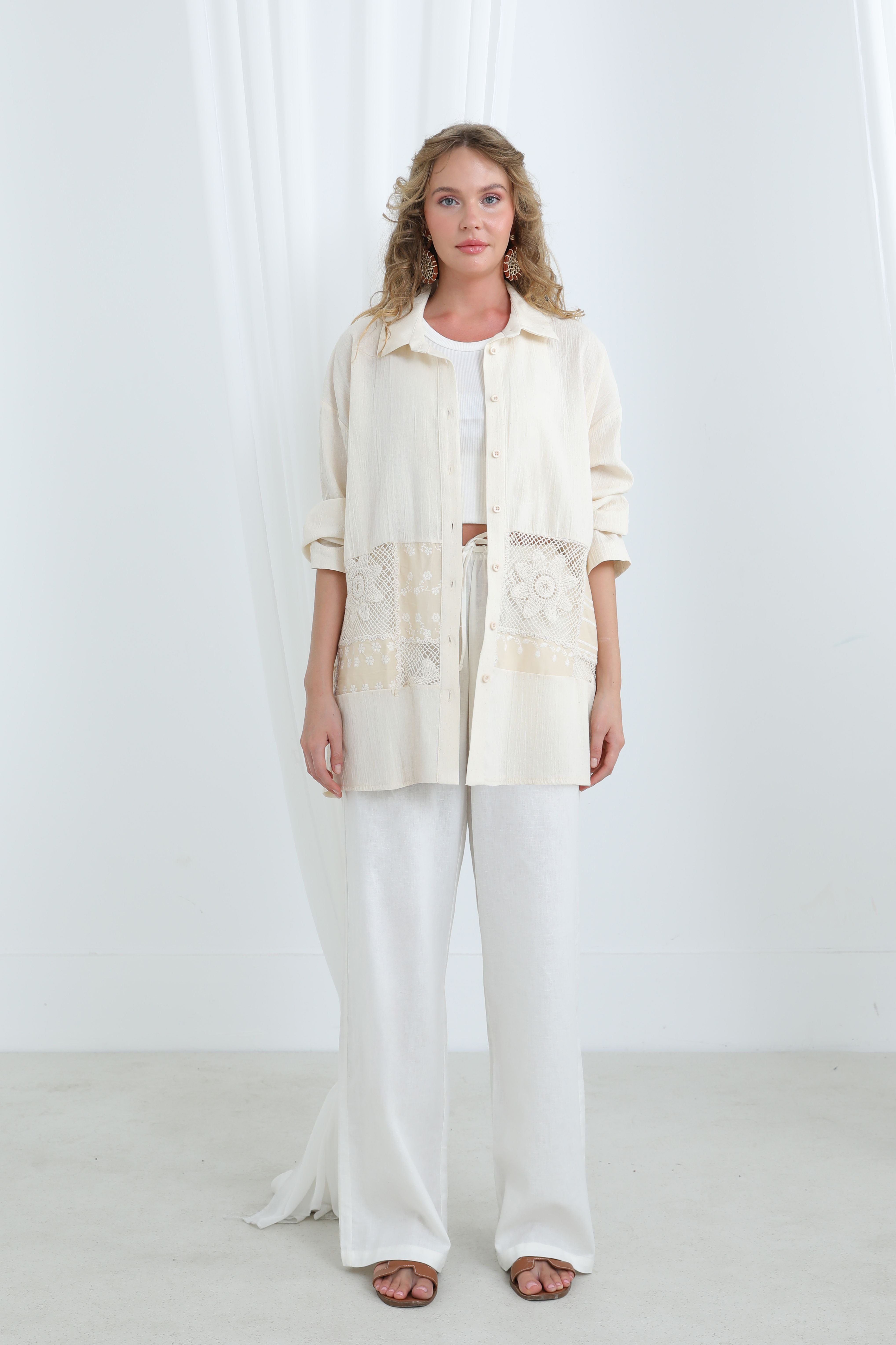 Kadın Dantel Geçişli Gömlek -32325GML