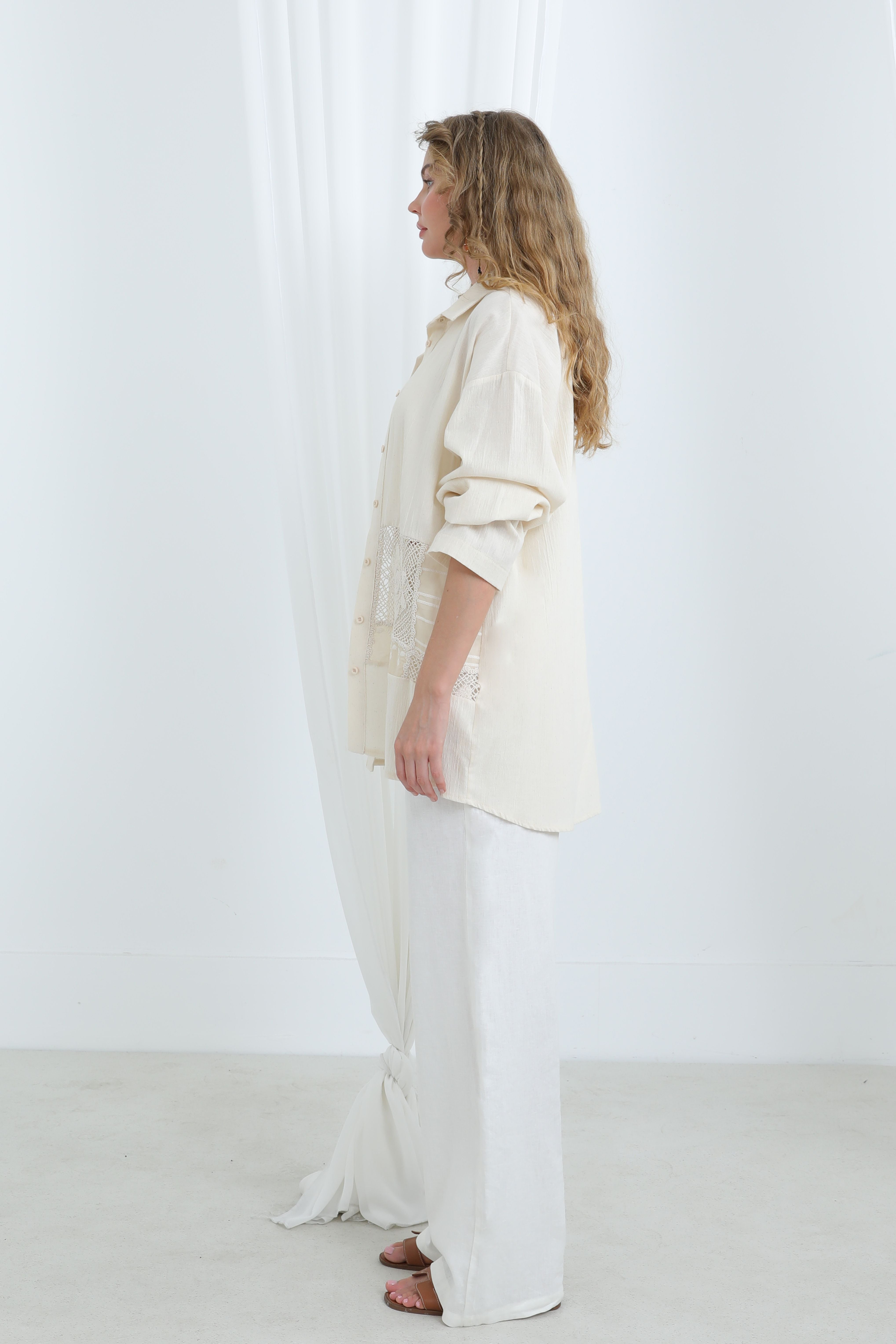 Kadın Dantel Geçişli Gömlek -32325GML