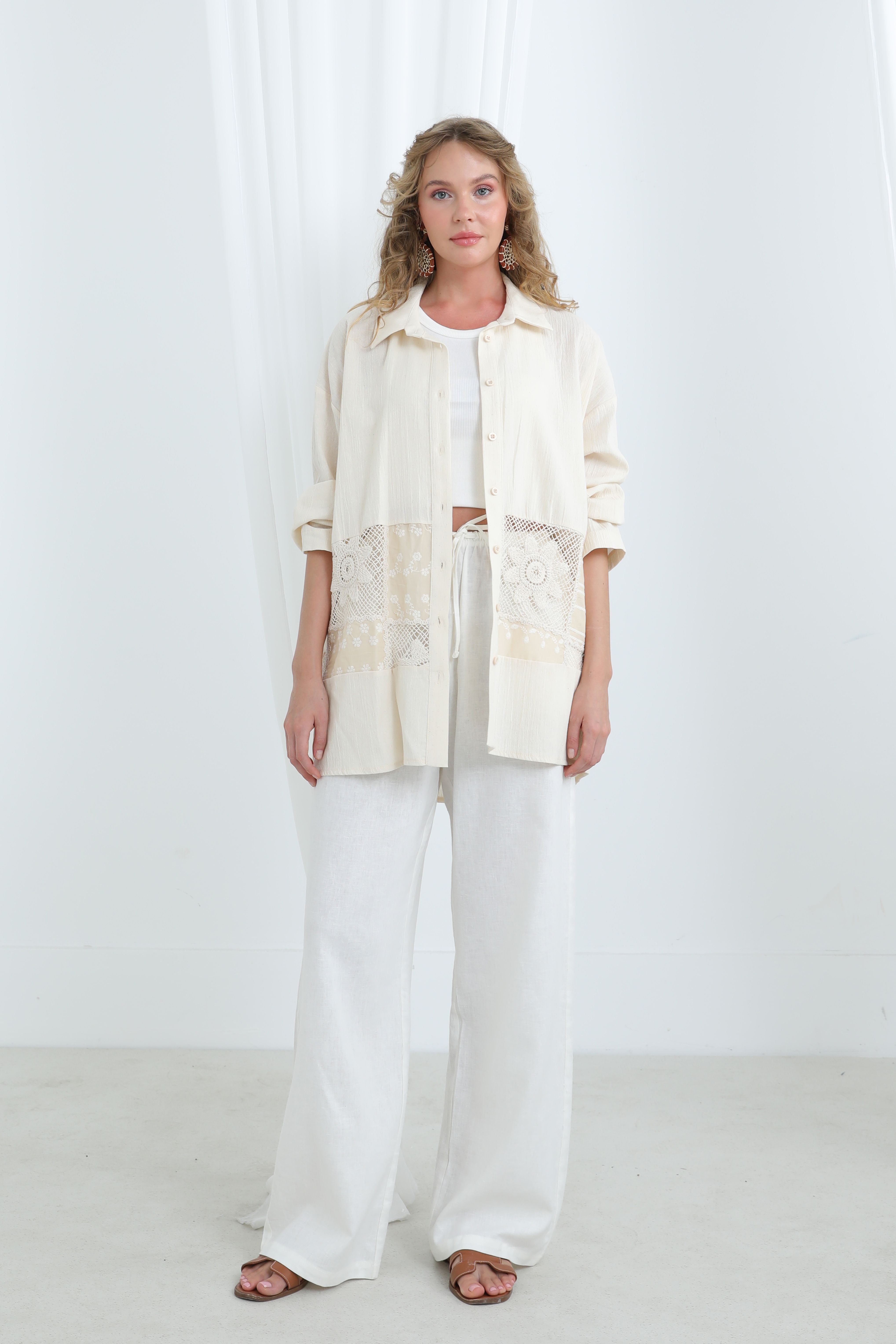 Kadın Dantel Geçişli Gömlek -32325GML