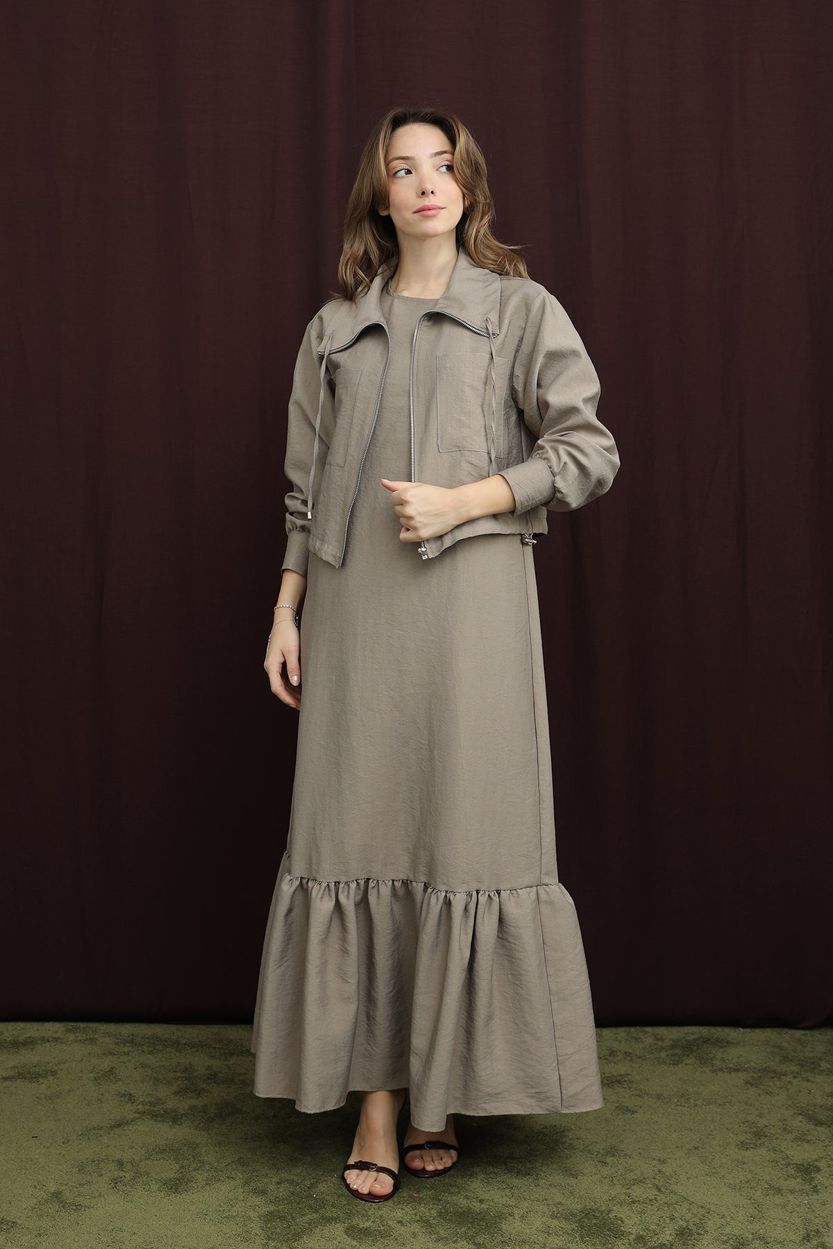 Kadın Crop Ceket Detaylı İkili Elbise - 12651TKS