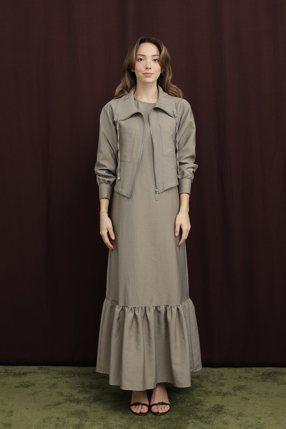 Kadın Crop Ceket Detaylı İkili Elbise - 12651TKS