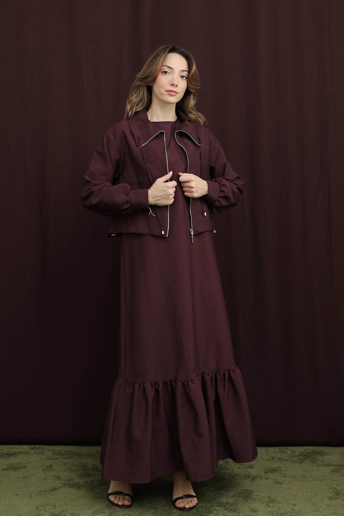 Kadın Crop Ceket Detaylı İkili Elbise - 12651TKS