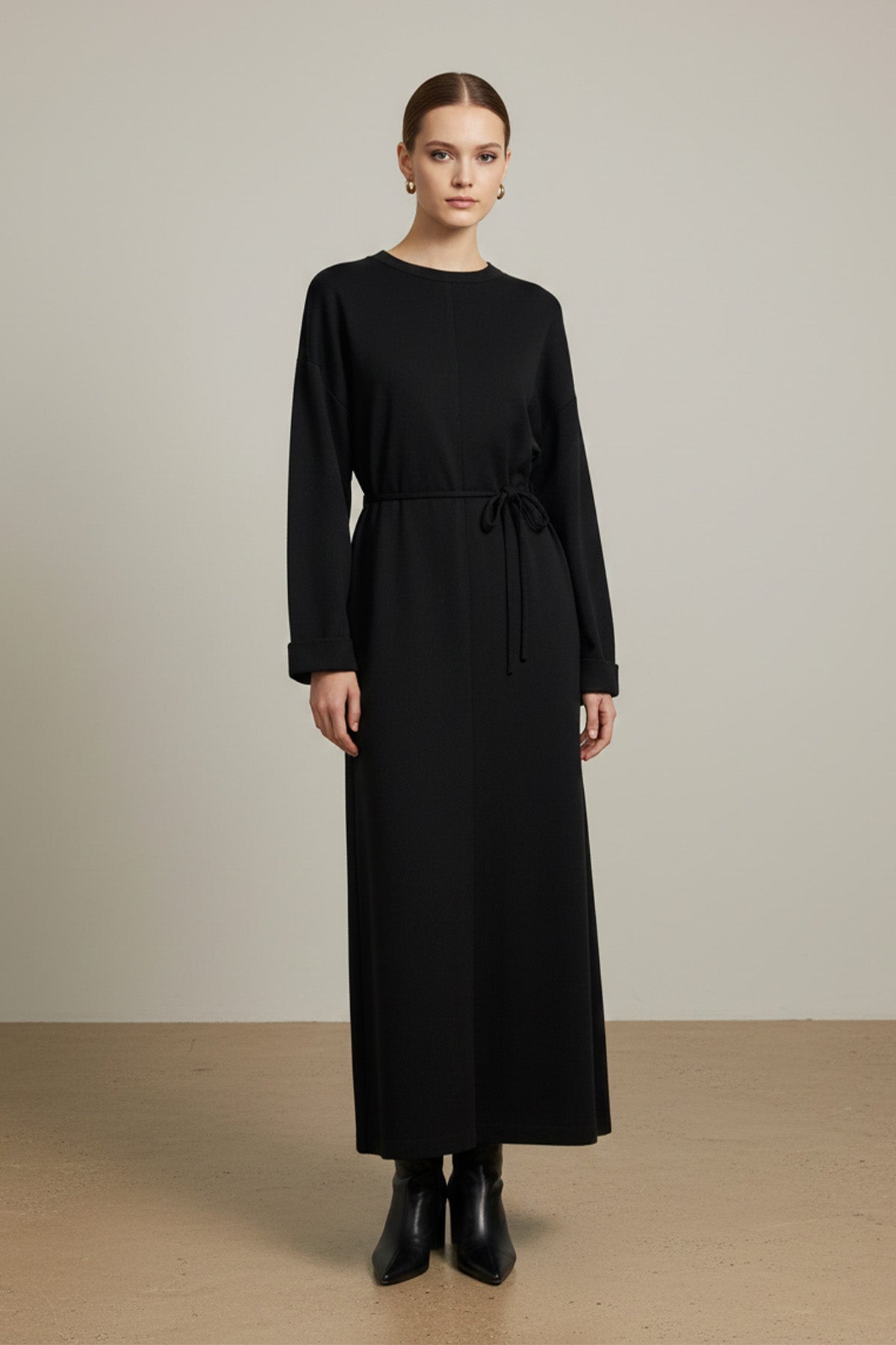 Kadın Kuşaklı Rahat Kesim Uzun Triko Elbise – 12664ELB