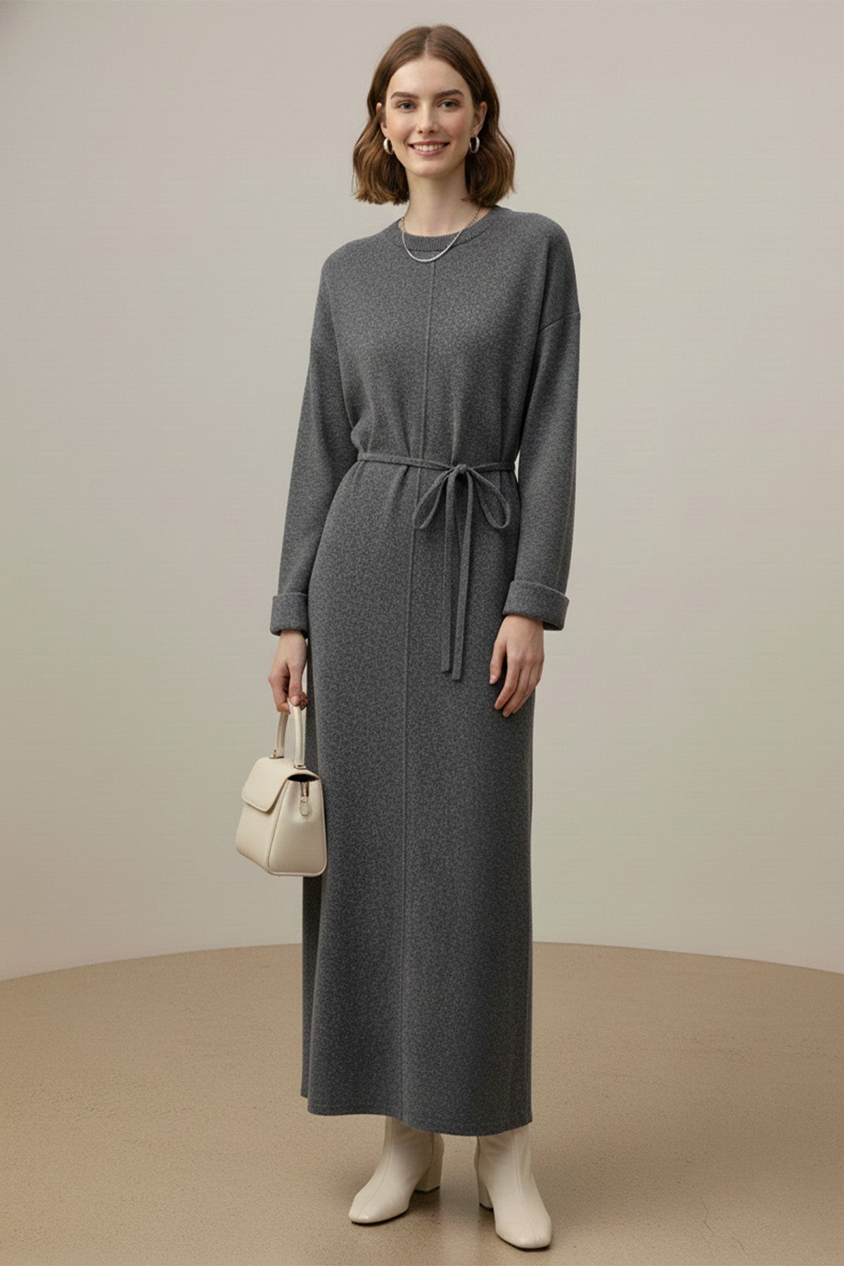 Kadın Kuşaklı Rahat Kesim Uzun Triko Elbise – 12664ELB