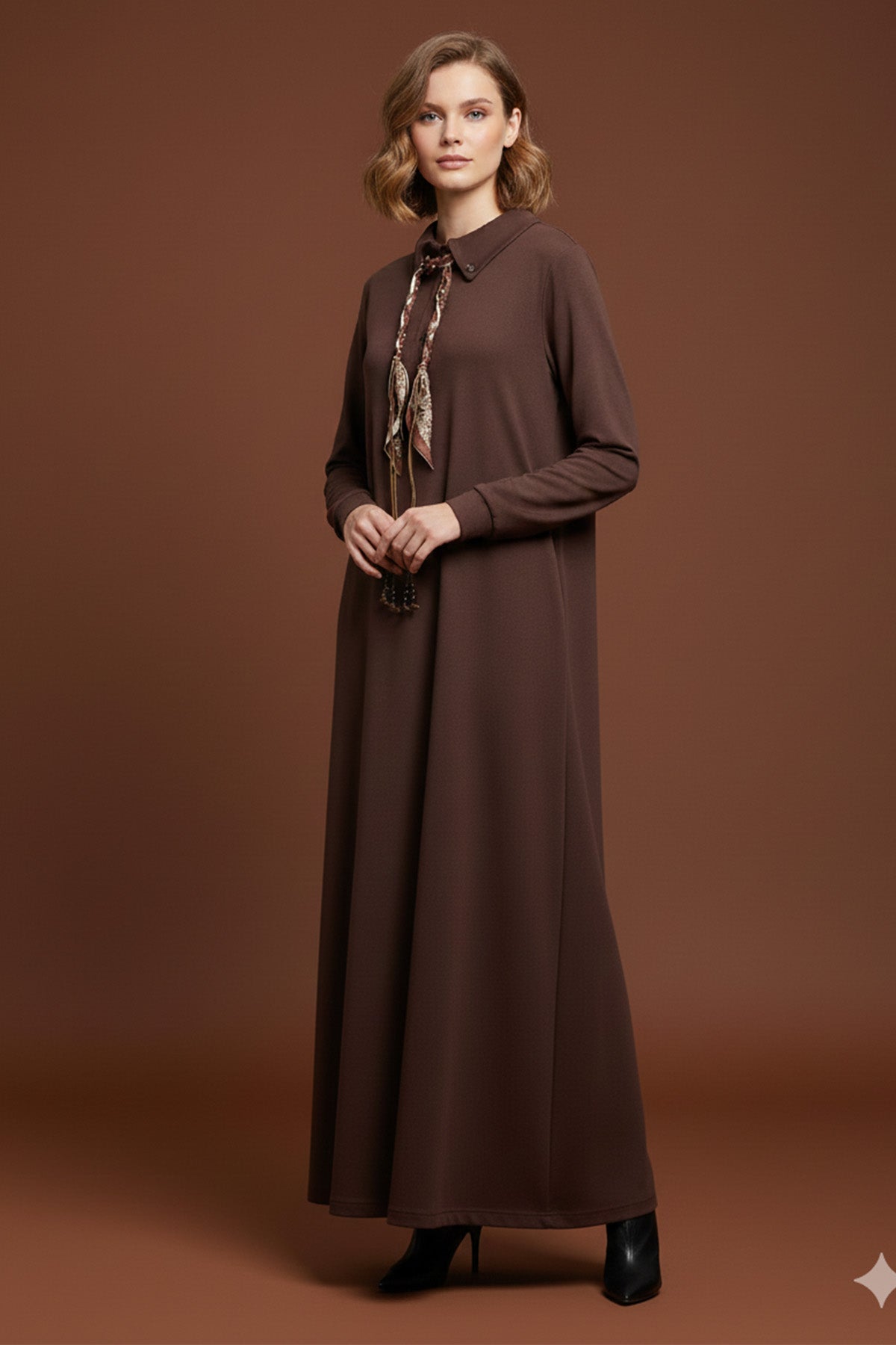 Kadın Fular Detaylı Polo Yaka Rahat Kesim Uzun Elbise – 12666ELB