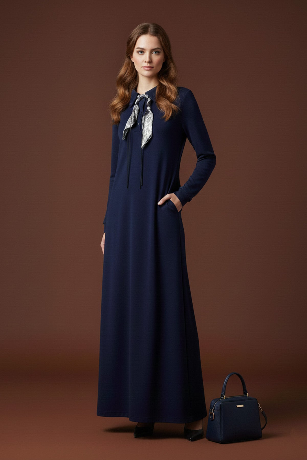 Kadın Fular Detaylı Polo Yaka Rahat Kesim Uzun Elbise – 12666ELB