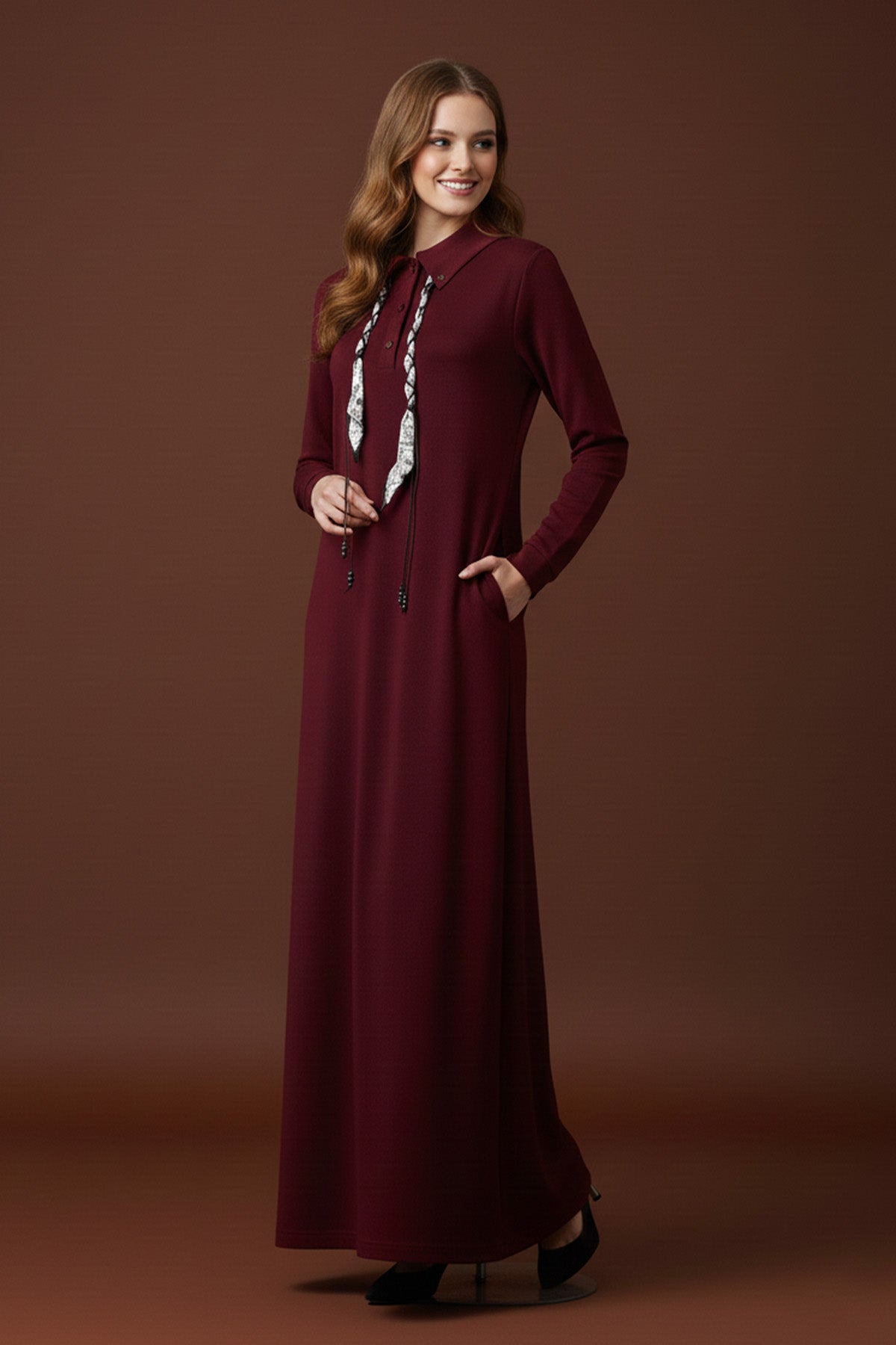 Kadın Fular Detaylı Polo Yaka Rahat Kesim Uzun Elbise – 12666ELB