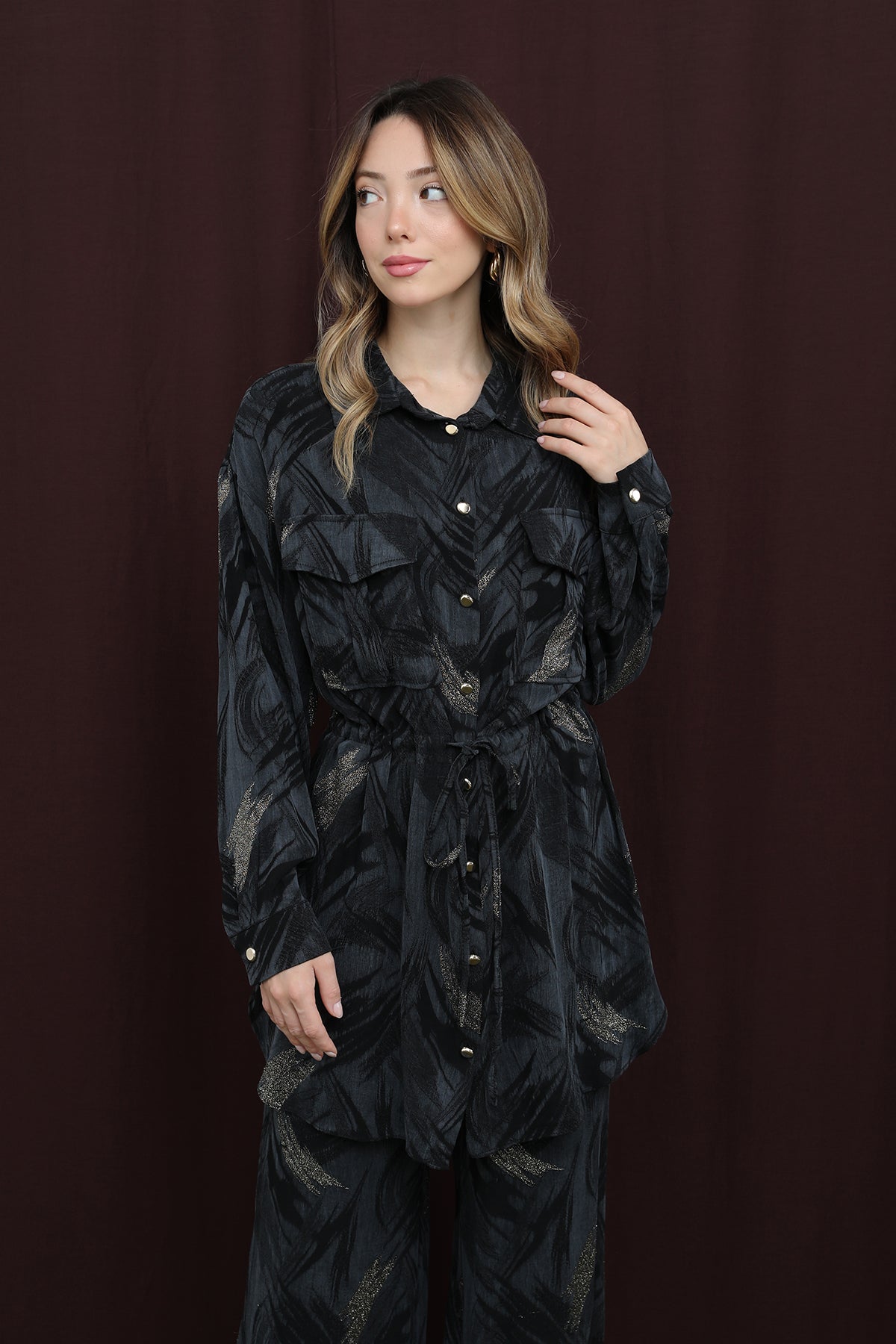 Kadın Cep Detaylı Beli Tünelli Gömlek Takım - 14392TKS