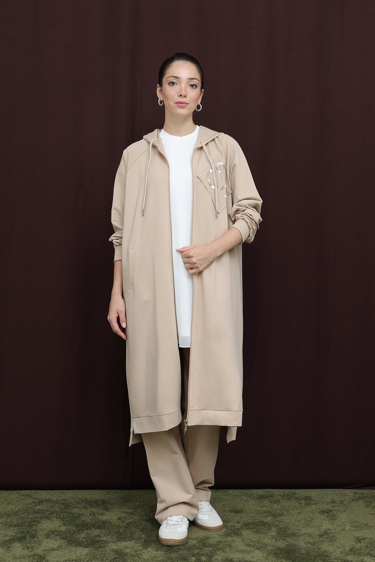 Kadın Aplike Detaylı Fermuarlı Kapüşonlu Takım - 14393TKS