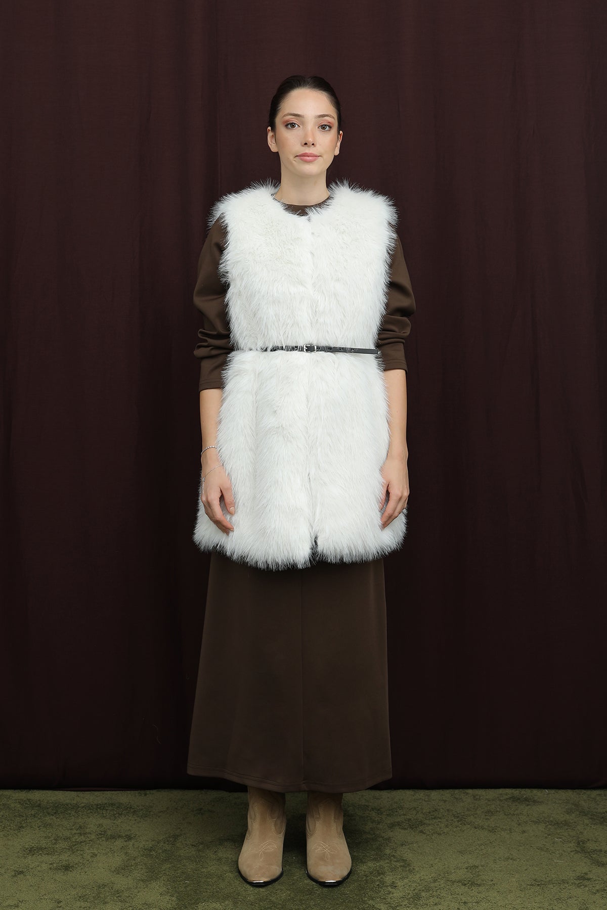 Kadın Kemerli Lolita Kürk Yelek - 15223YLK