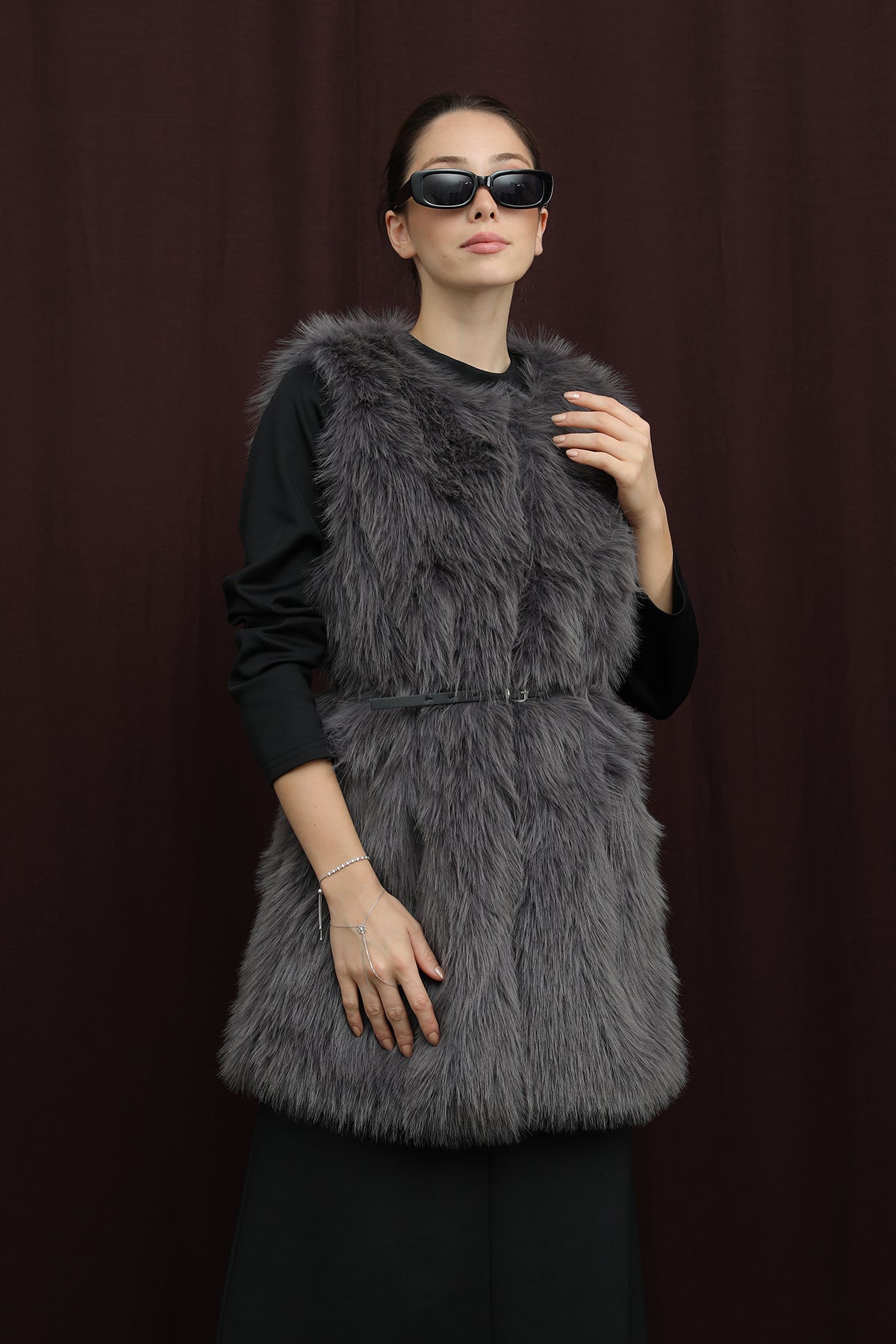 Kadın Kemerli Lolita Kürk Yelek - 15223YLK