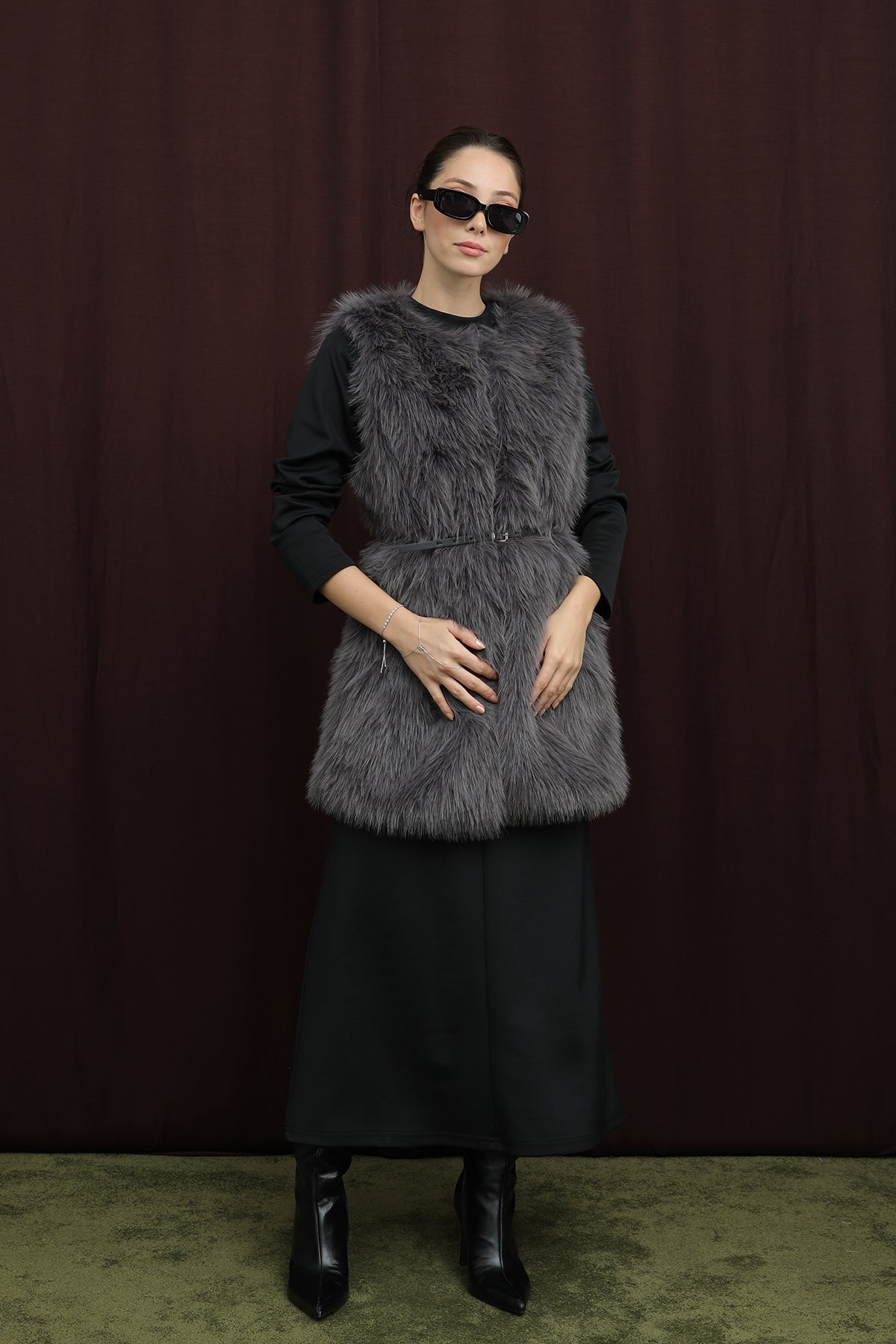 Kadın Kemerli Lolita Kürk Yelek - 15223YLK