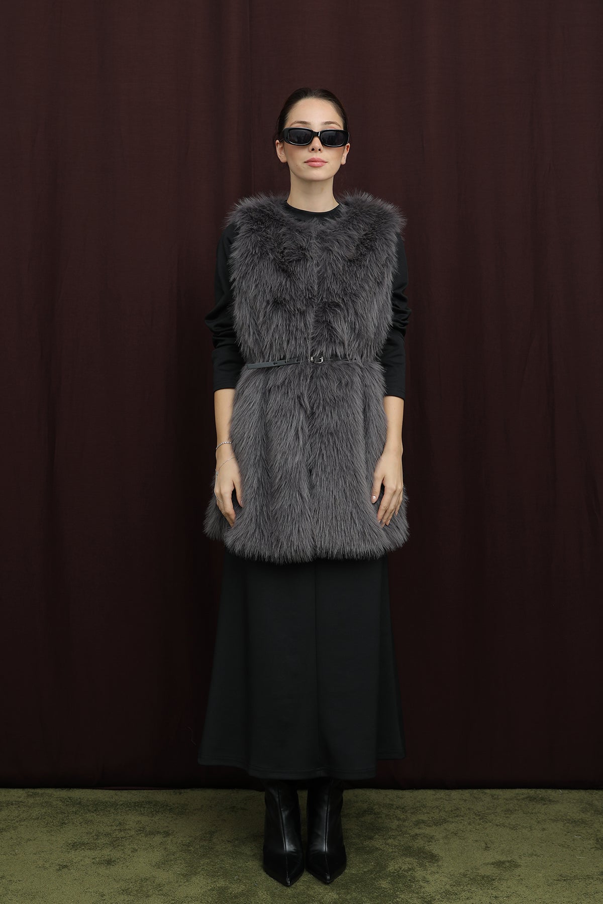 Kadın Kemerli Lolita Kürk Yelek - 15223YLK