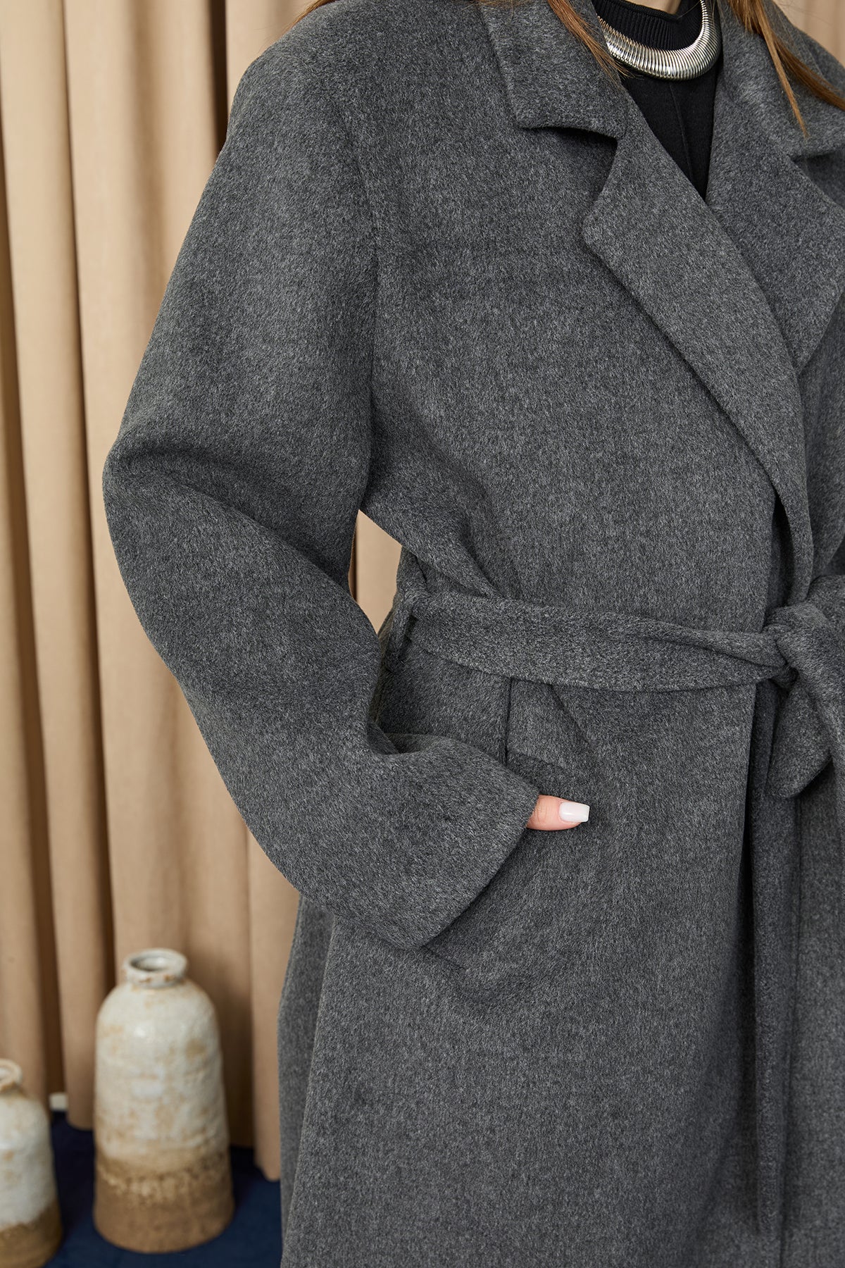 Kadın Kruvaze Yaka Kaşe Kaban -15237KBN