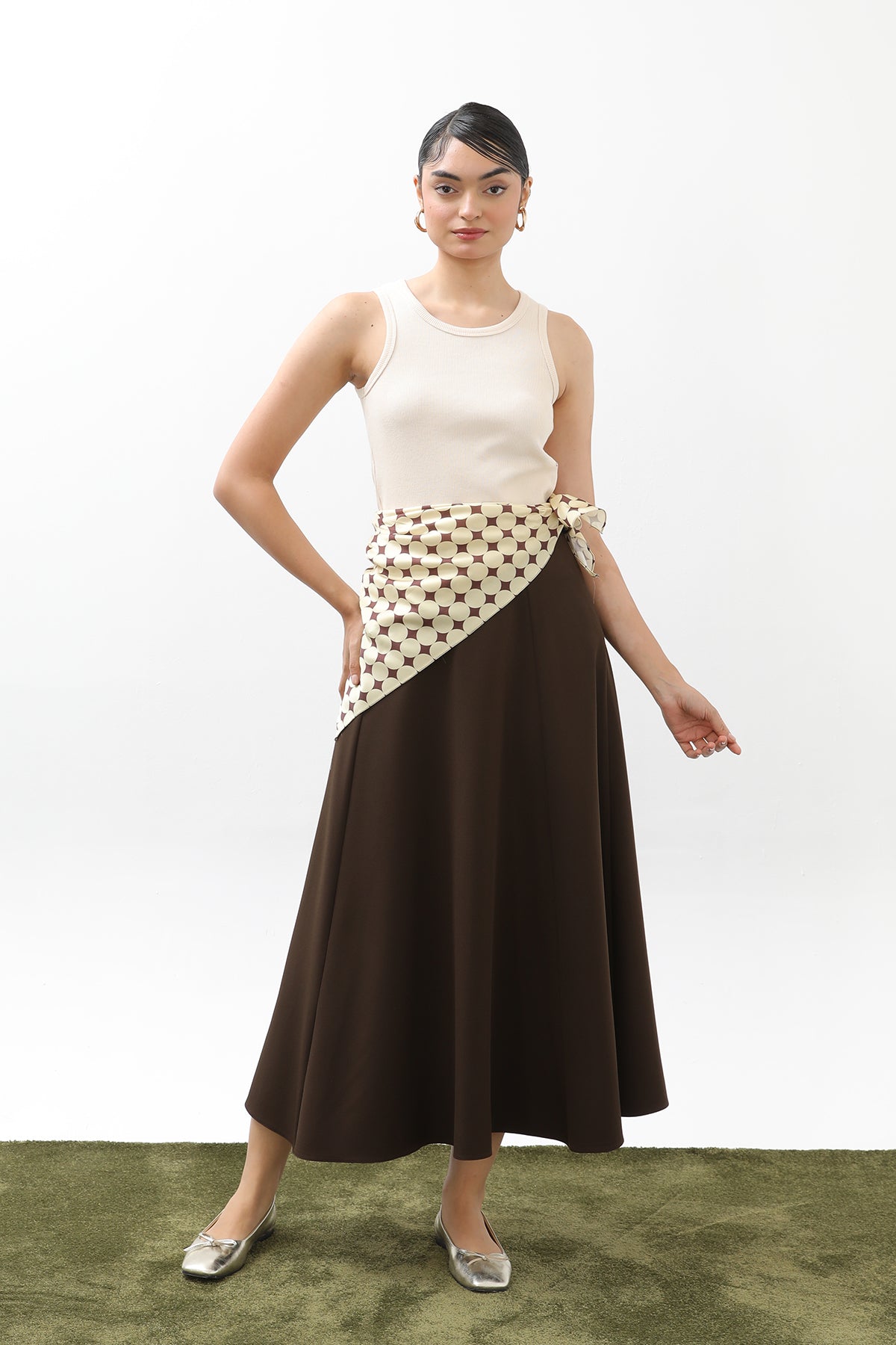 Kadın Puantiye Fularlı Açılımlı Dokuma Etek - 18272ETK