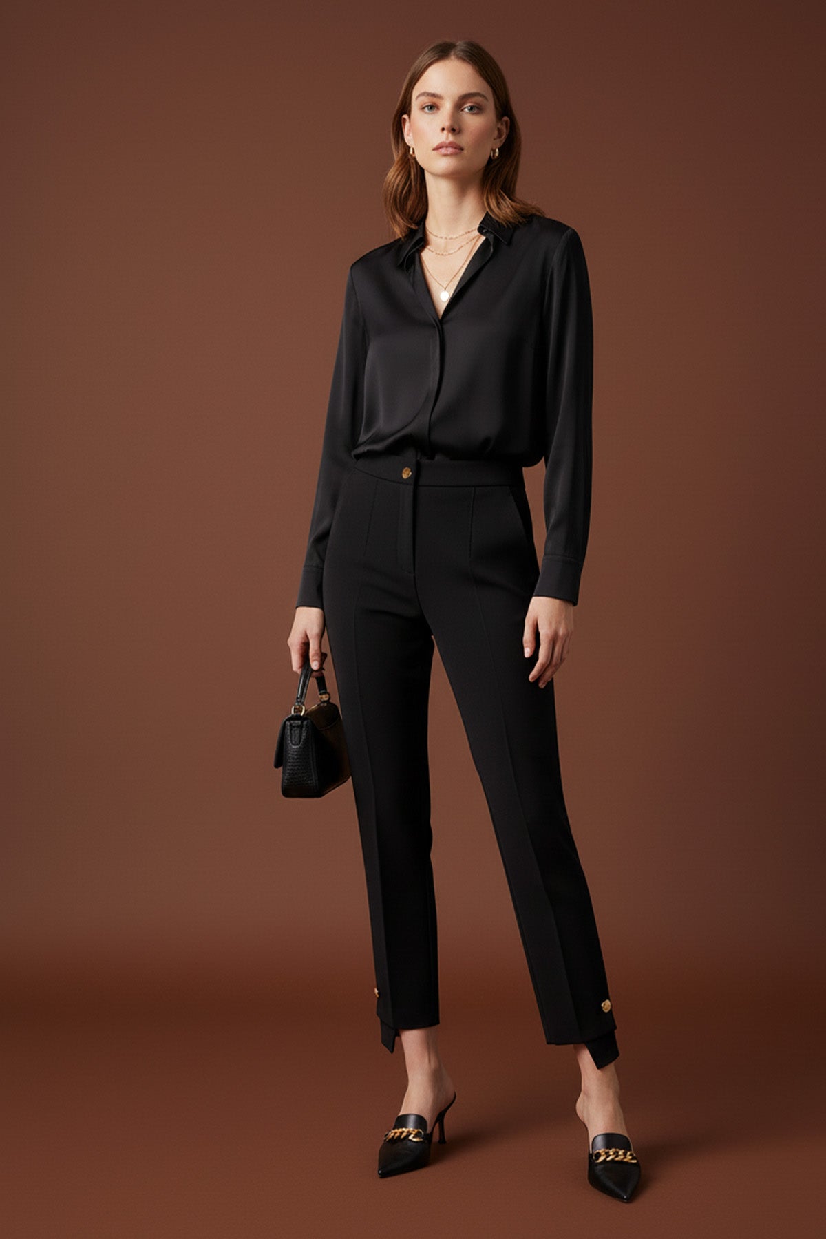 Kadın Paça Düğme Detaylı kumaş Pantolon -18277PNT