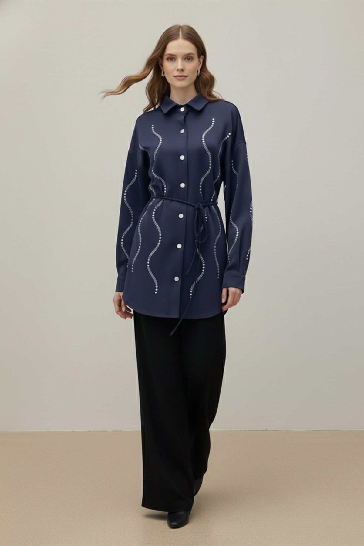 Kadın Taş Detaylı Scuba Gömlek - 20704GML