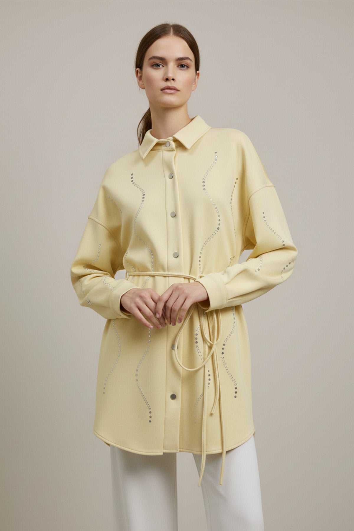 Kadın Taş Detaylı Scuba Gömlek - 20704GML