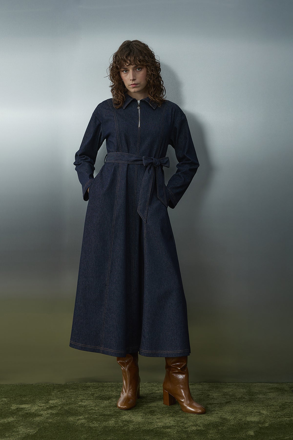 Kadın Kuşaklı Denim Elbise  -  32396ELB