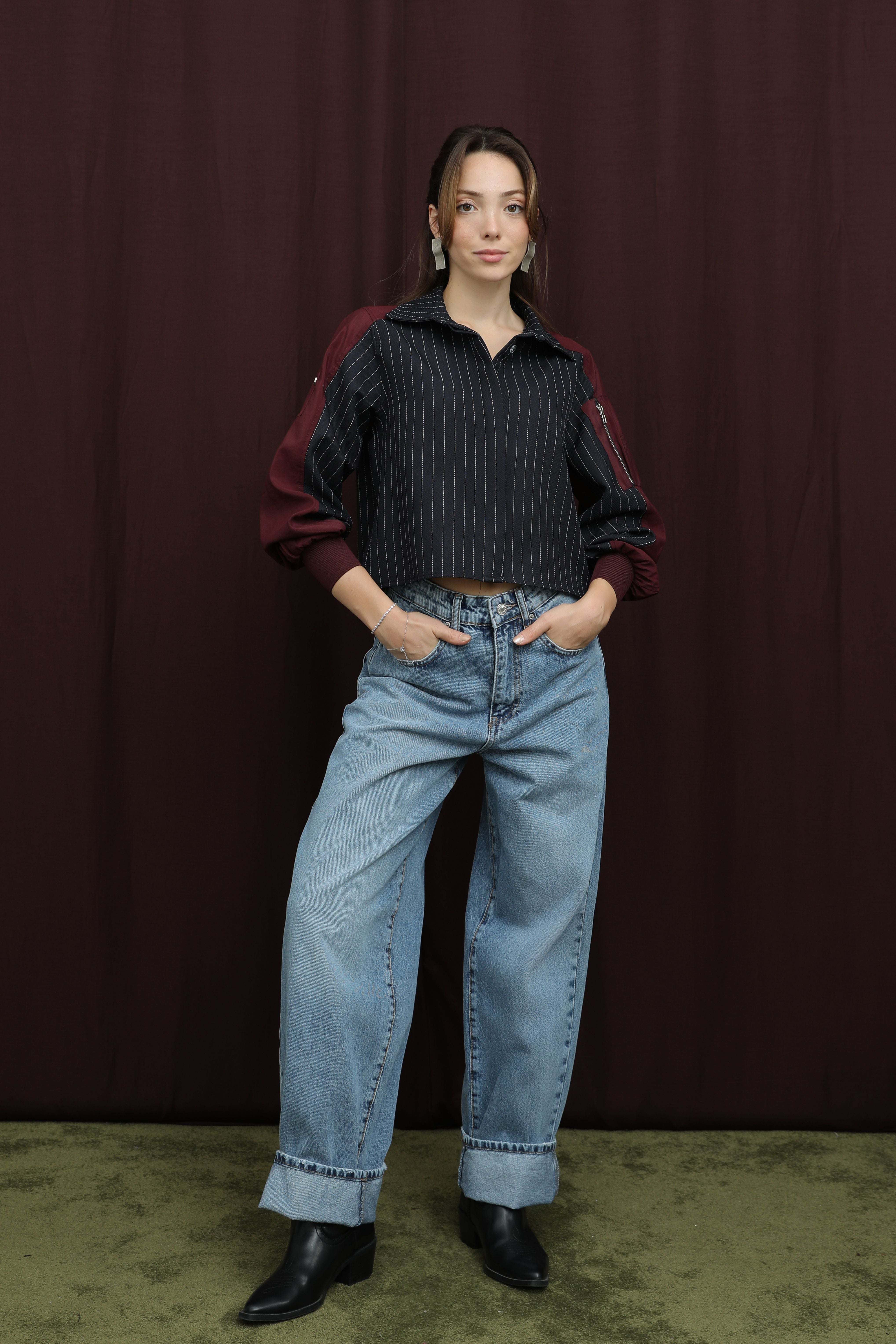 Kadın Paraşüt Kol Detaylı Crop Gömlek  -  32398GML