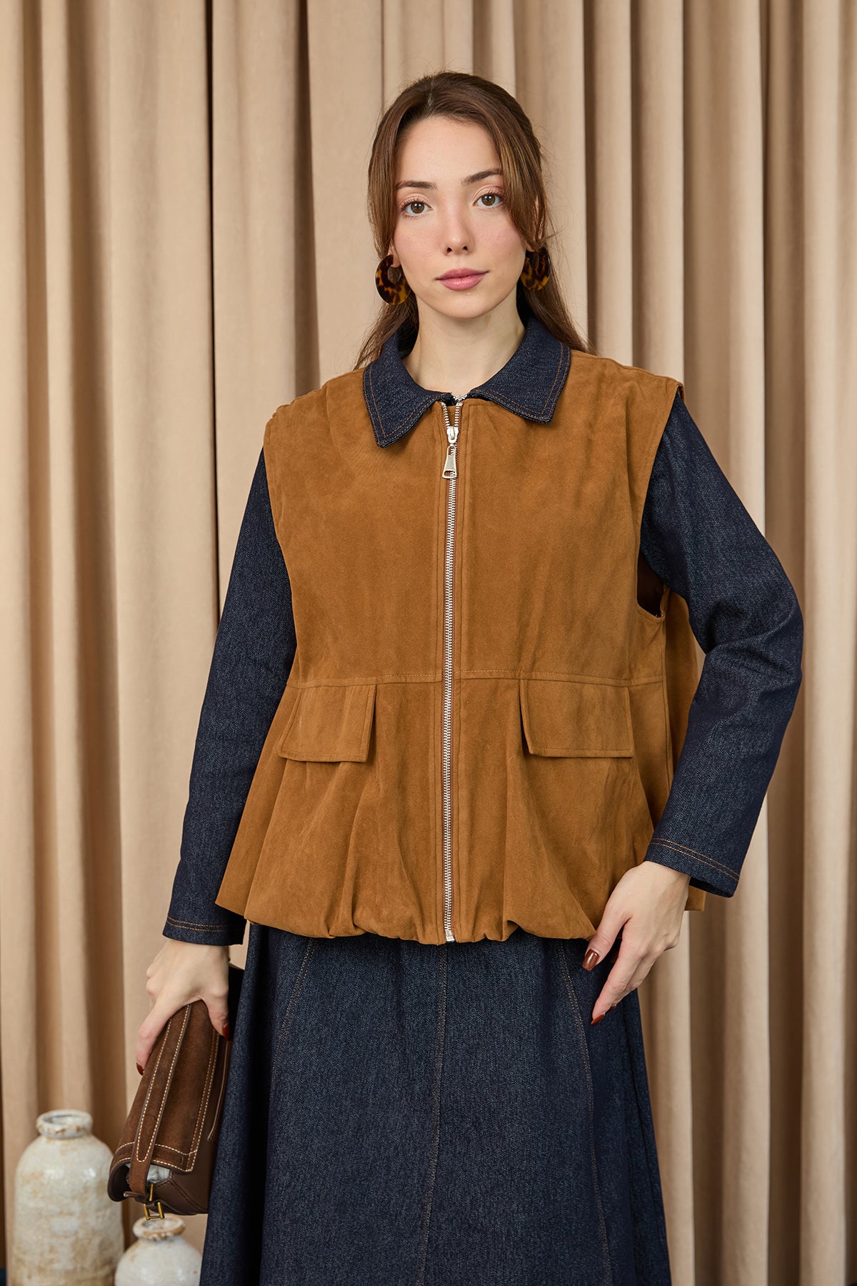 Kadın Cep Detaylı Süet Yelek  -  32404YLK