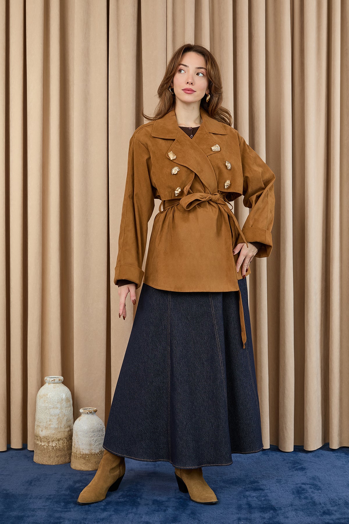 Kadın Broş Detaylı Kısa Trench  - 32405