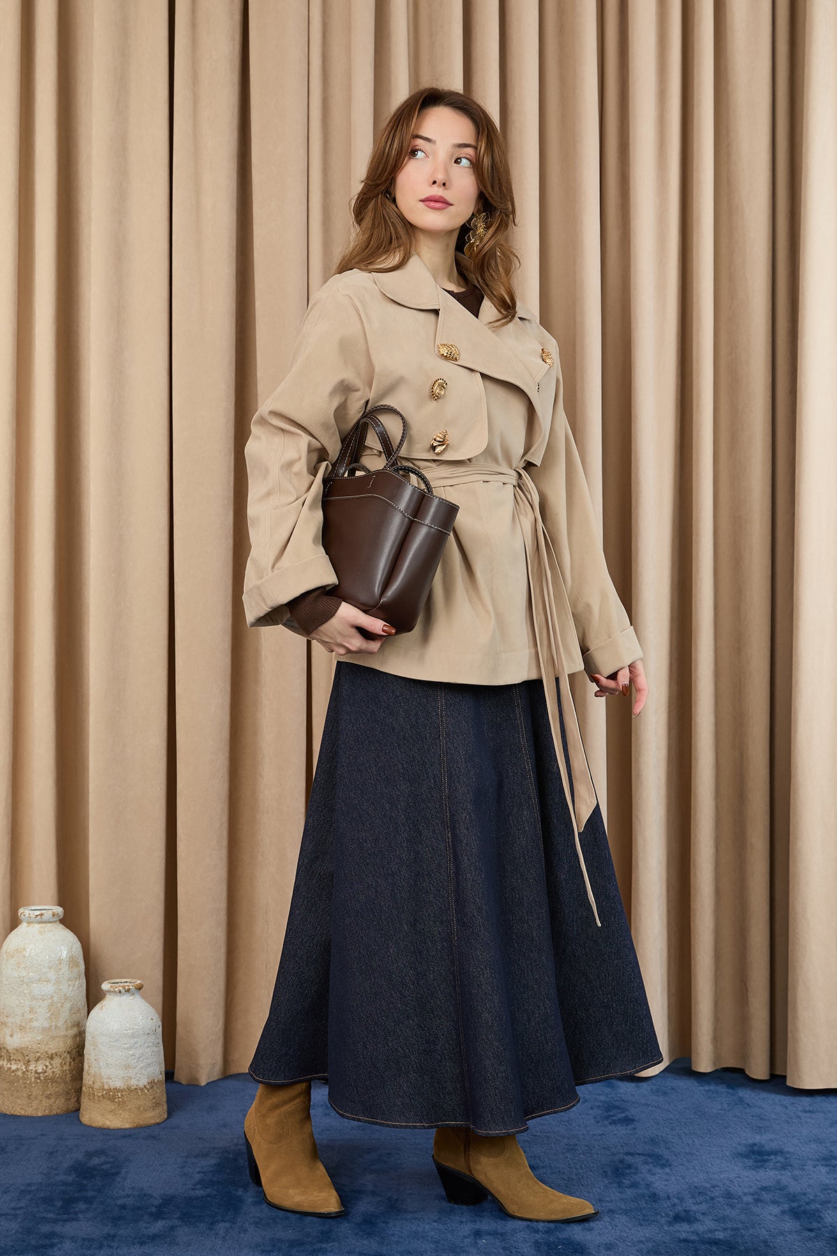 Kadın Broş Detaylı Kısa Trench  - 32405