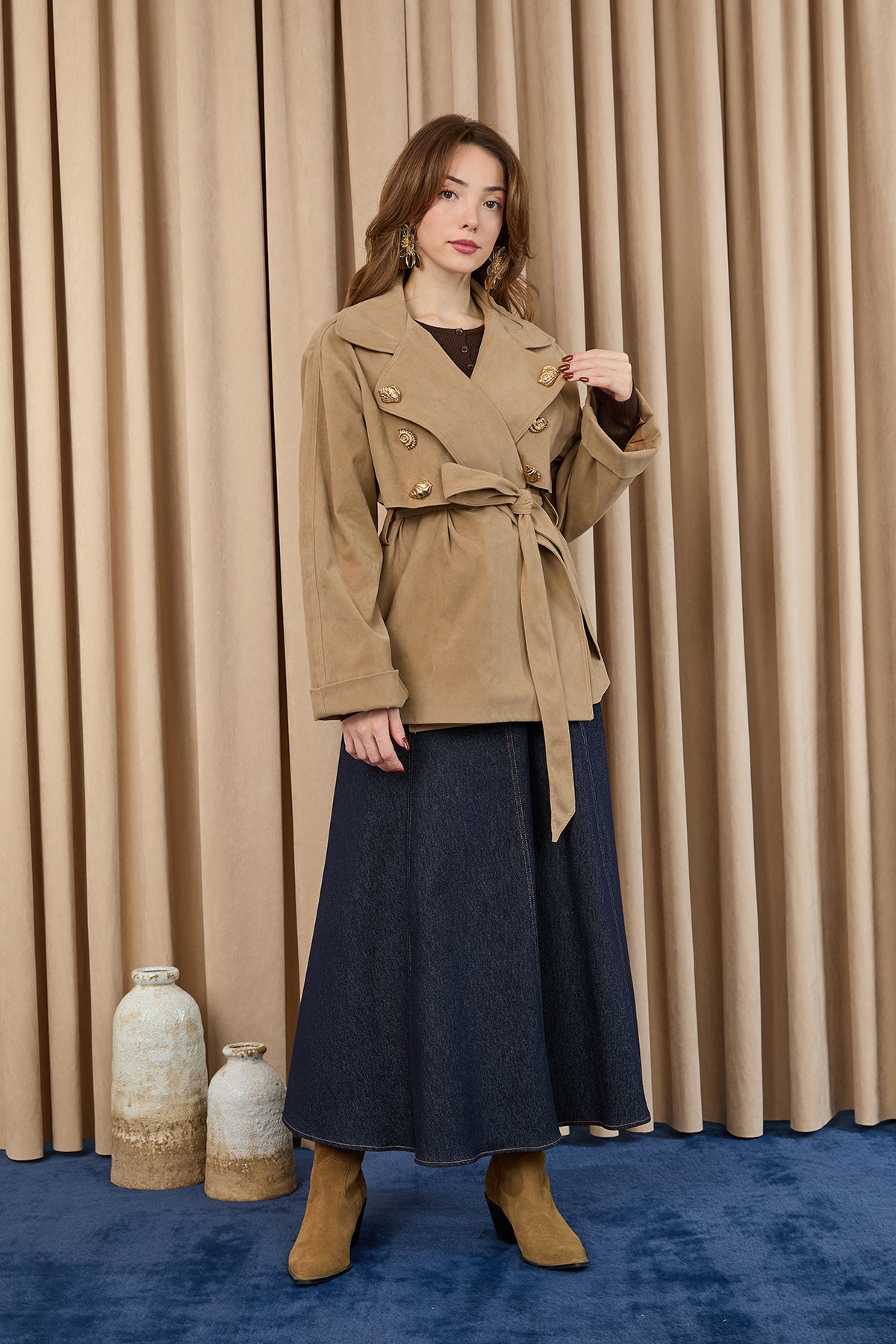 Kadın Broş Detaylı Kısa Trench  - 32405