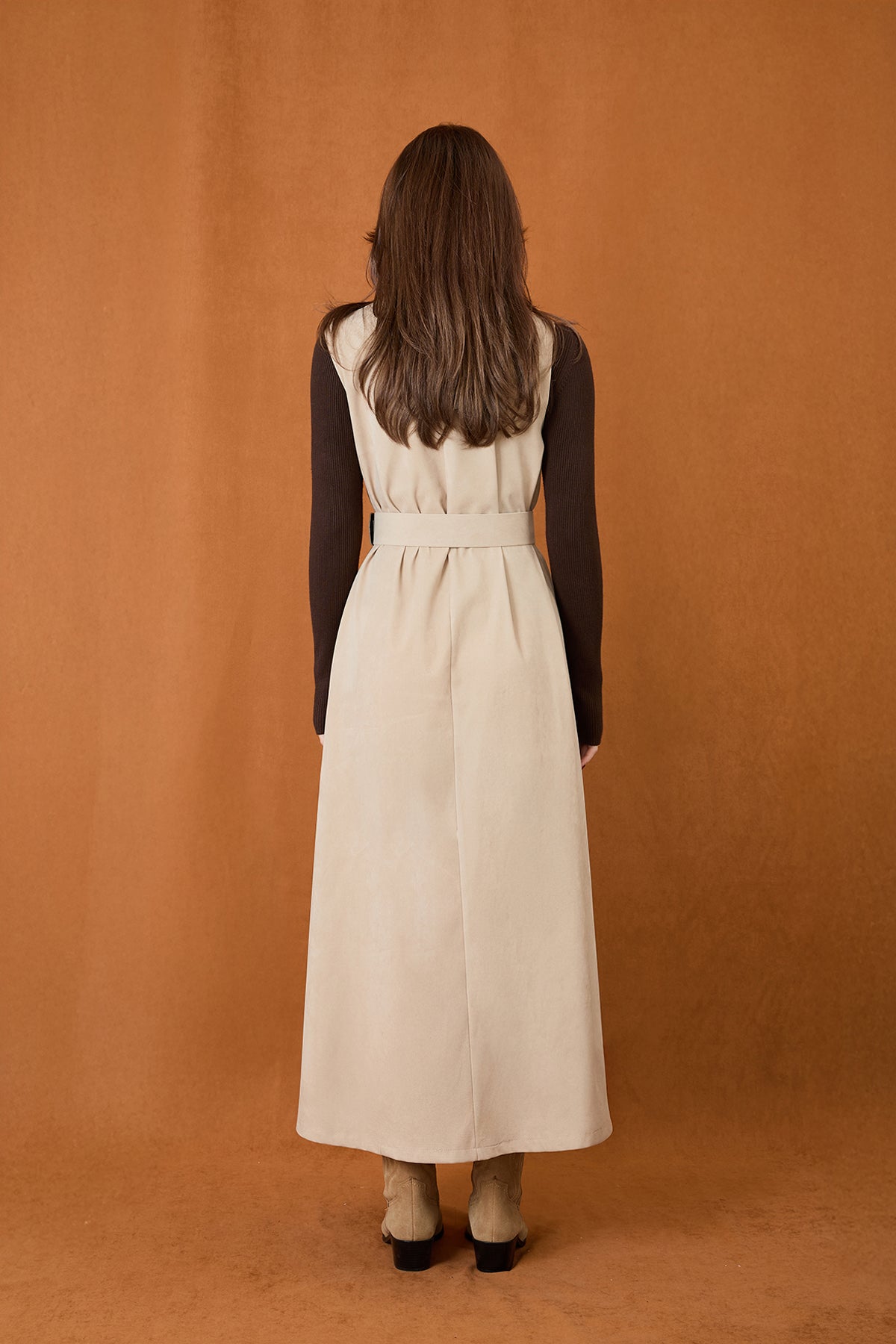 Kadın Kemer Detaylı V Yaka Süet Elbise  -  32406ELB