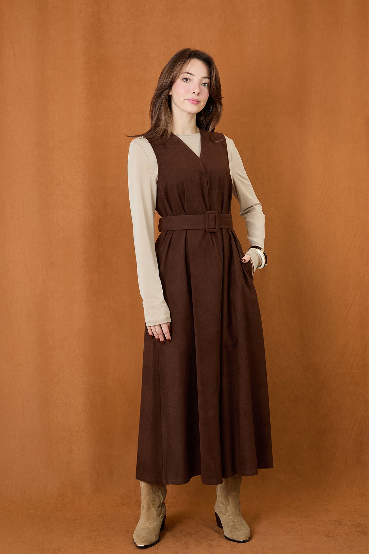 Kadın Kemer Detaylı V Yaka Süet Elbise  -  32406ELB