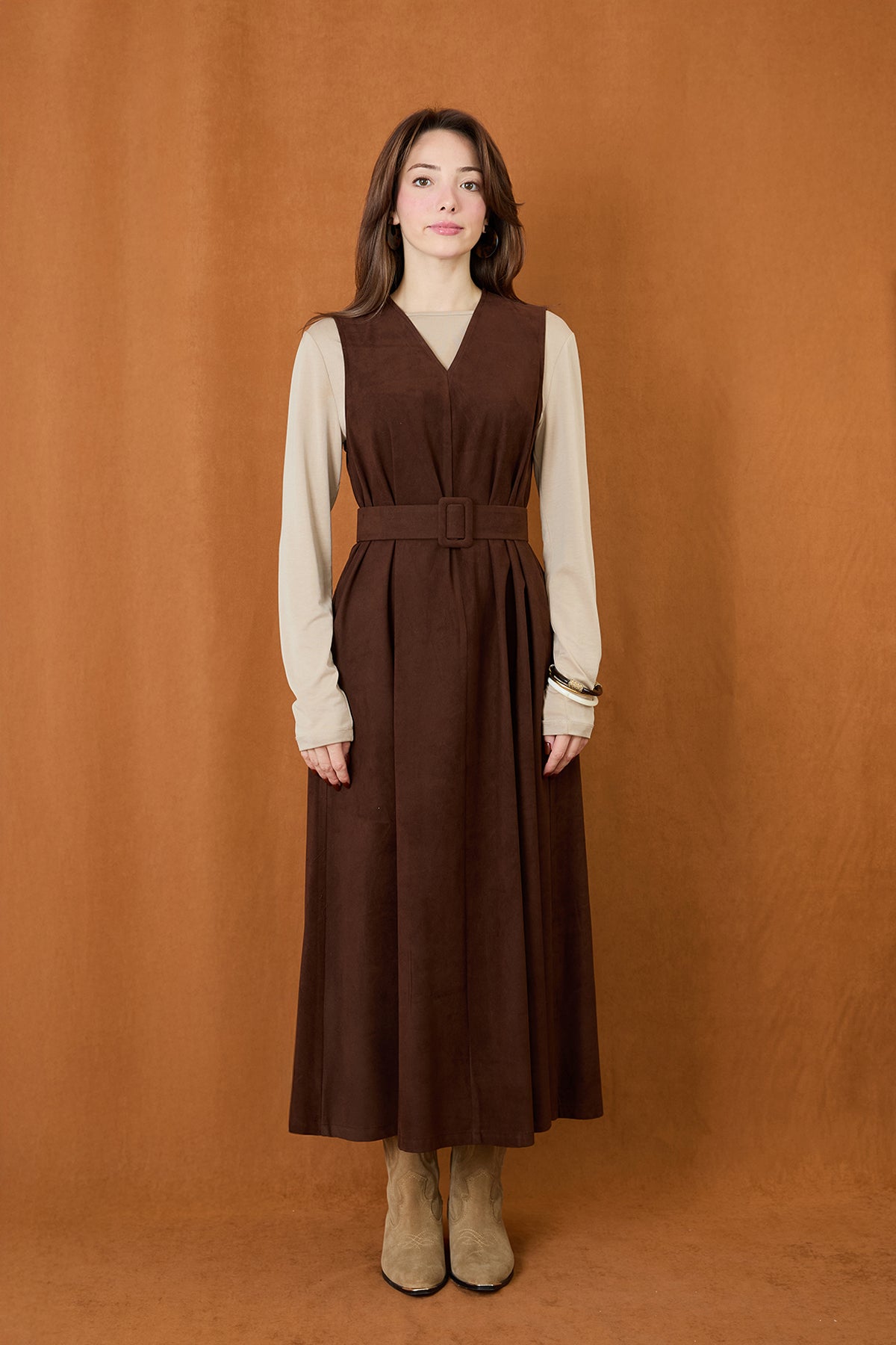 Kadın Kemer Detaylı V Yaka Süet Elbise  -  32406ELB