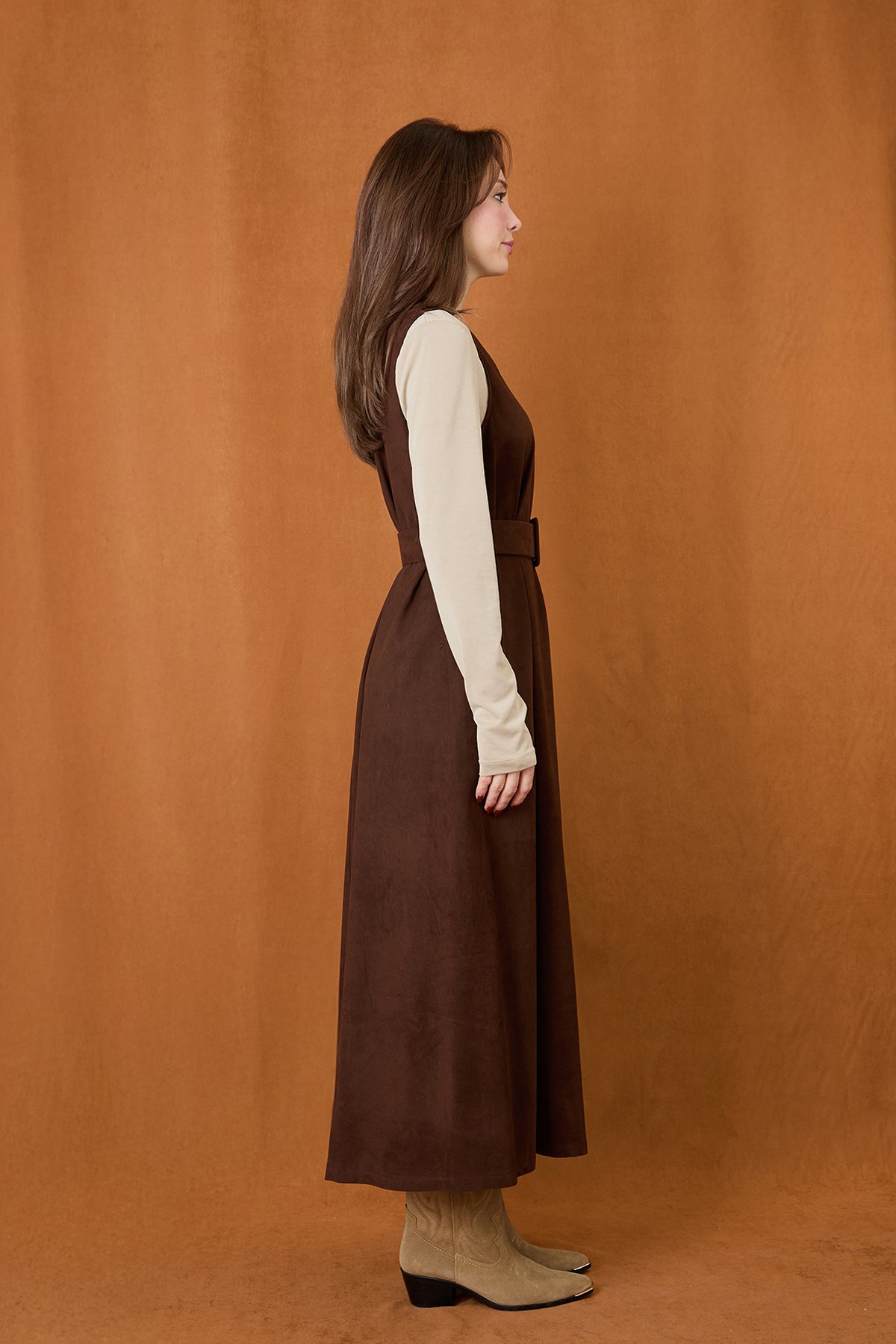 Kadın Kemer Detaylı V Yaka Süet Elbise  -  32406ELB