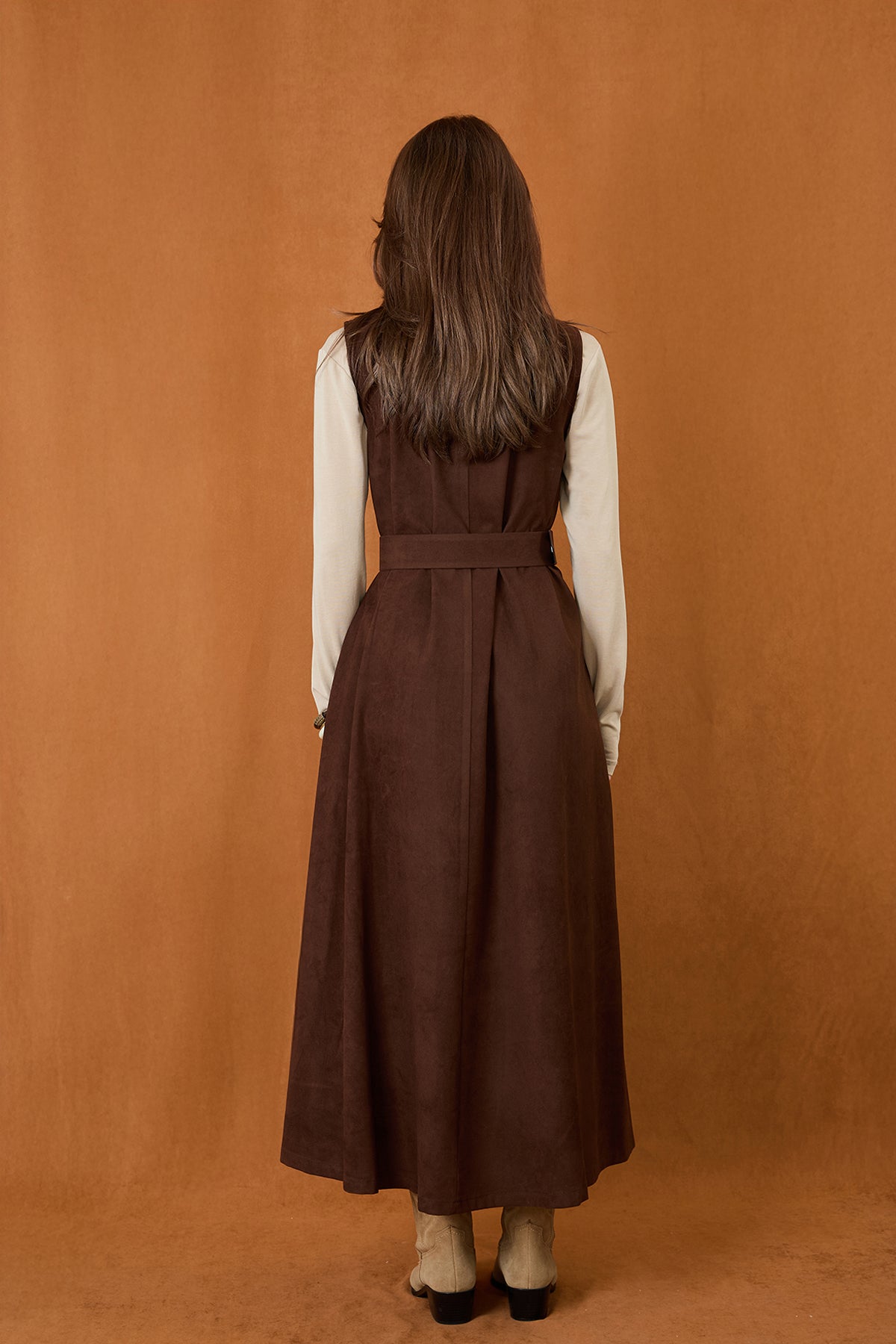 Kadın Kemer Detaylı V Yaka Süet Elbise  -  32406ELB