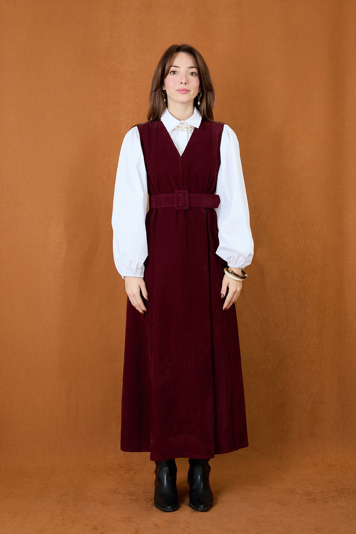 Kadın Kemer Detaylı V Yaka Süet Elbise  -  32406ELB