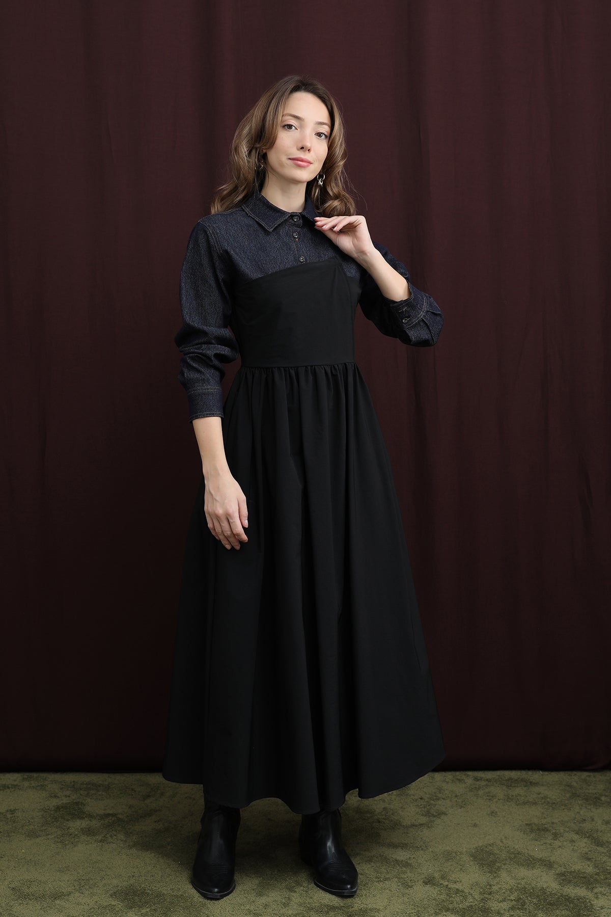 Kadın Denim Detaylı Asimetrik Kesim Elbise  -  32414ELB