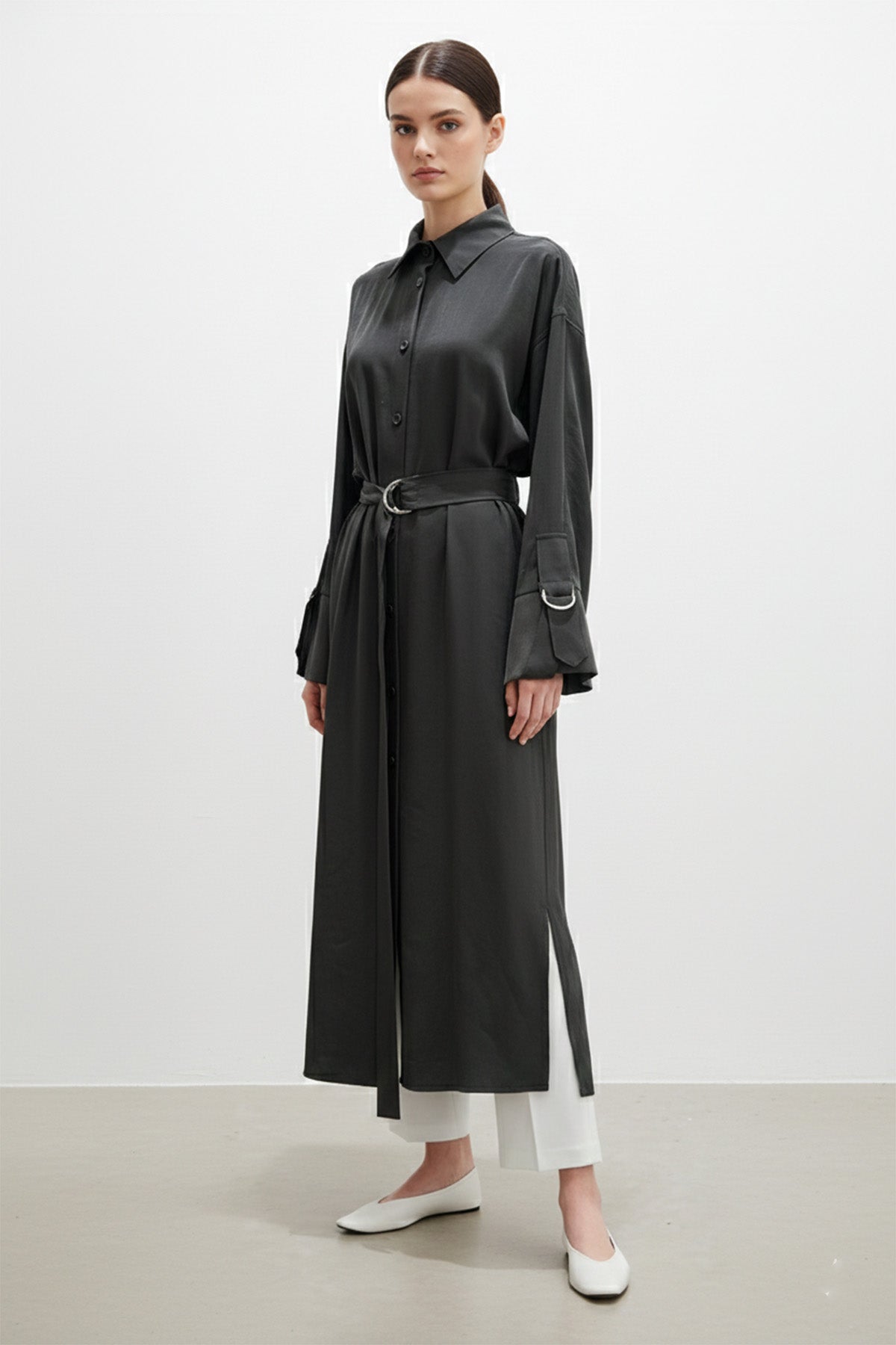 Kadın Uzun Düğmeli Kemerli Gömlek -10753