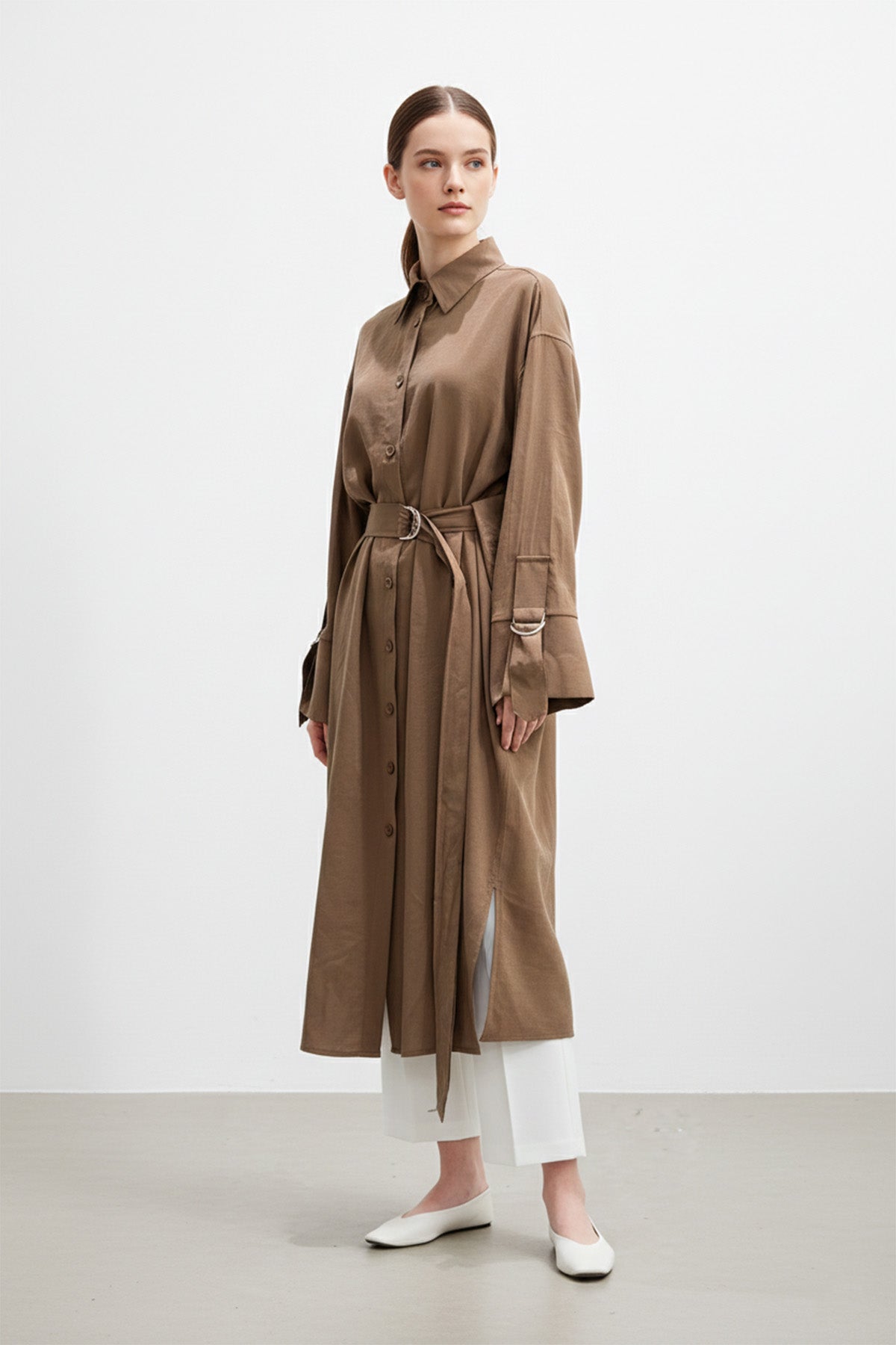 Kadın Uzun Düğmeli Kemerli Gömlek -10753