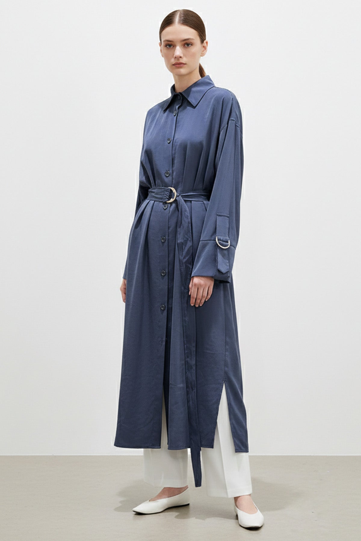 Kadın Uzun Düğmeli Kemerli Gömlek -10753