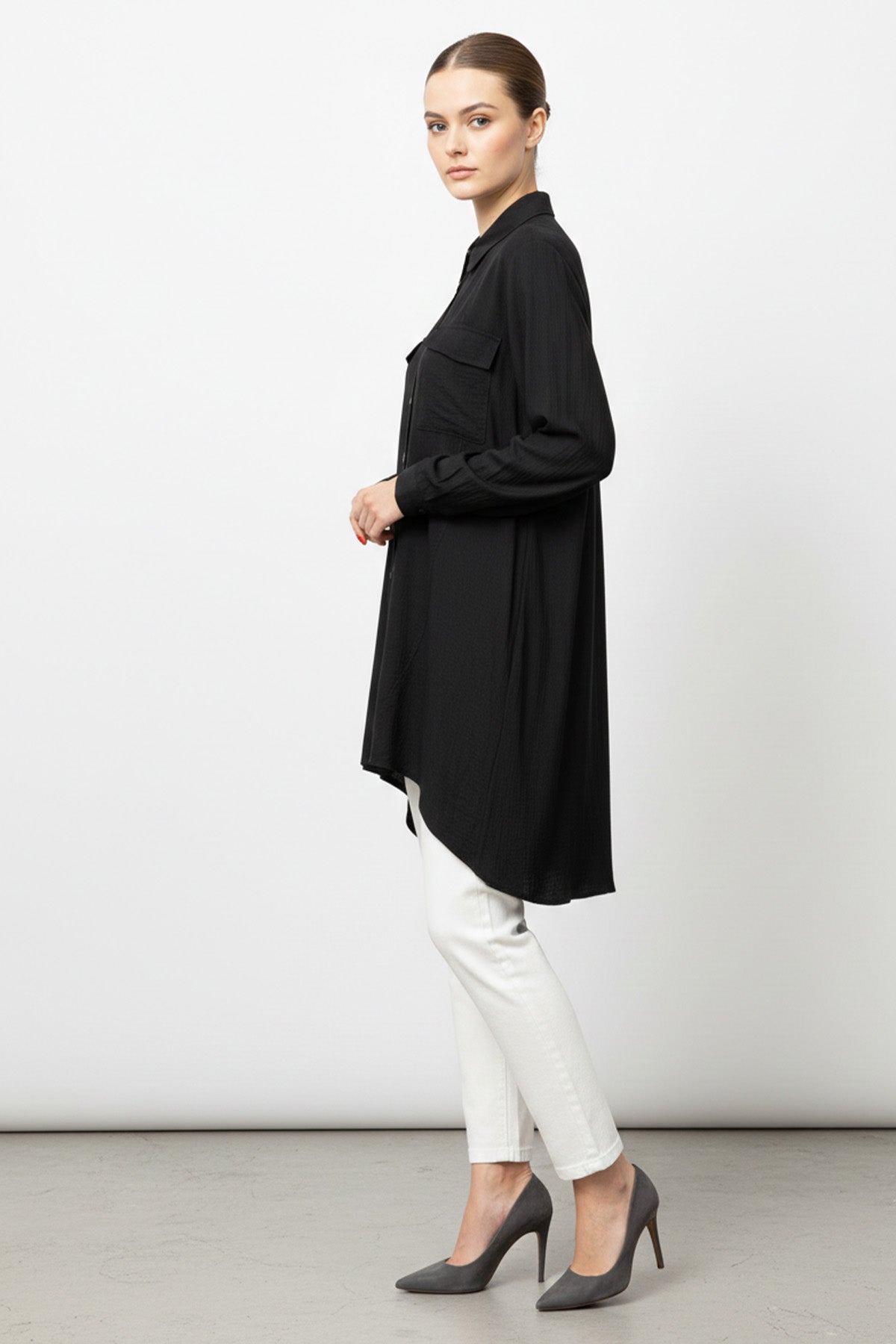 Kadın Uzun Düğmeli Çift Cepli Oversize Gömlek-10759